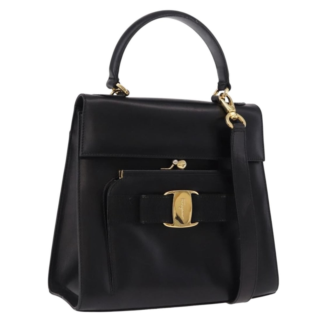 Black Leather 2way Hand Bag Salvatore Ferragamo Vala with Shoulder Strap: Black Leather 2way Hand Bag Salvatore Ferragamo Vala with Shoulder Strap A Salvatore Ferragamo Vala 2-way handbag in black leather with gold tone accents. It includes a shoulder strap and was made in 