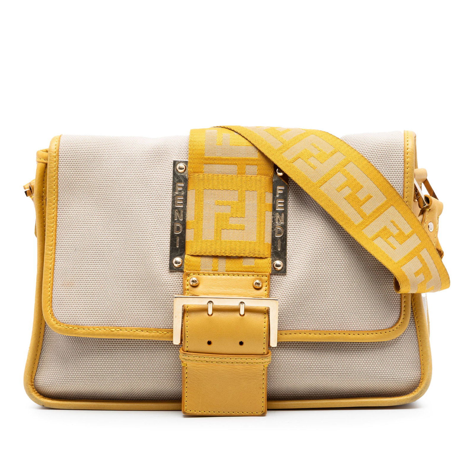 Fendi beige canvas shoulder bag with leather trim: Fendi beige canvas shoulder bag with leather trim This Fendi Canvas Borsa Tape Shoulder Bag features a beige canvas body with leather trim, a flat leather strap, and a front buckle flap with magnetic 