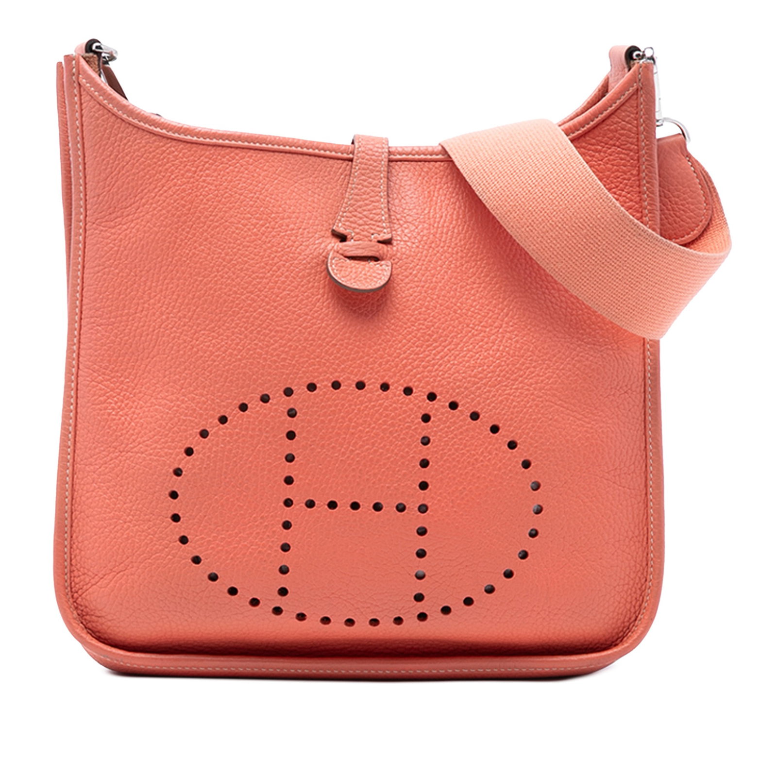 Hermes Evelyne 29 Pink Clemence Leather Shoulder Bag with Canvas Strap: Hermes Evelyne 29 Pink Clemence Leather Shoulder Bag with Canvas Strap The Hermes Clemence Evelyne 29 features a Clemence leather body in Flamingo pink, complemented by a detachable flat canvas strap.