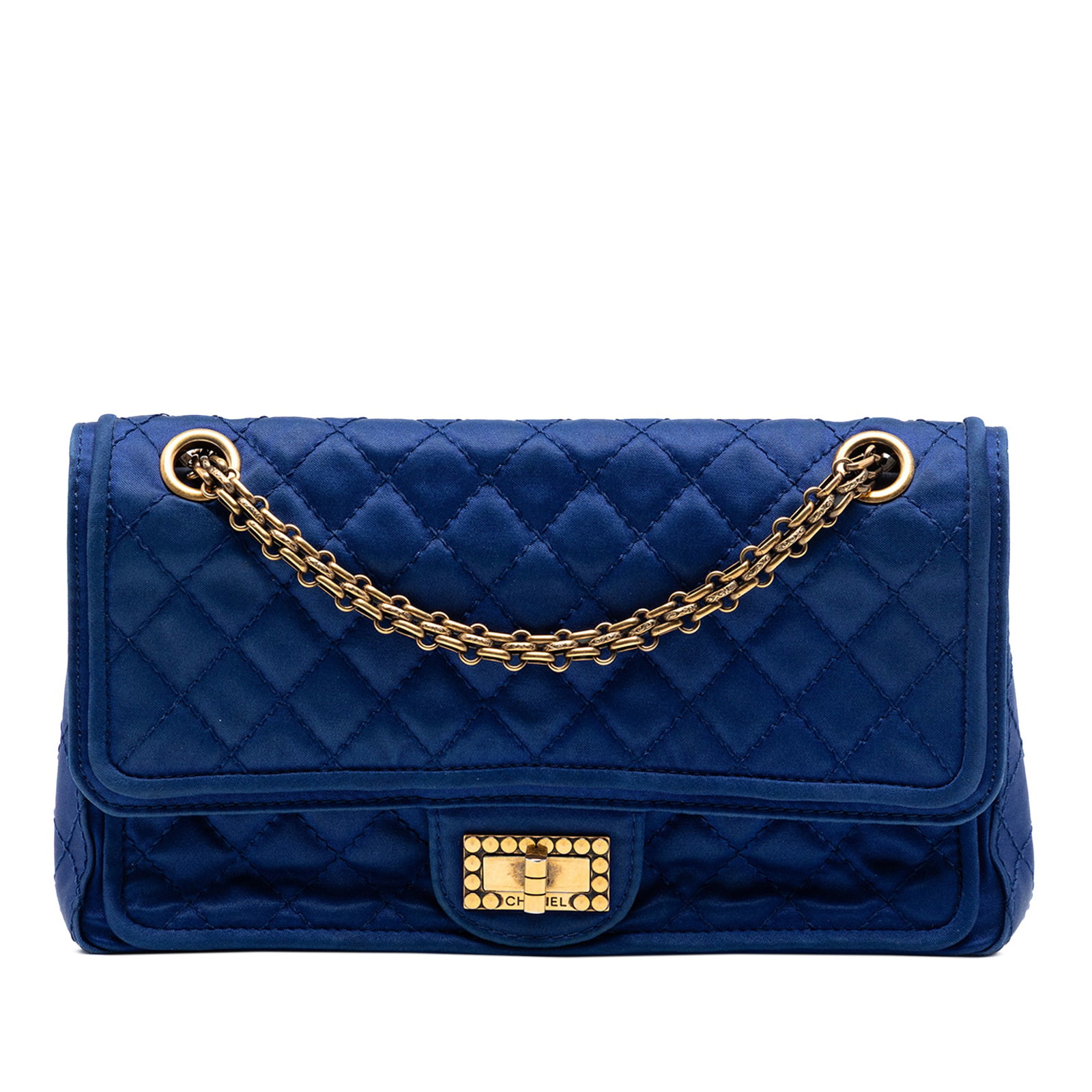 Chanel Reissue 2.55 225 Quilted Satin Blue Double Flap Shoulder Bag: Chanel Reissue 2.55 225 Quilted Satin Blue Double Flap Shoulder Bag This Chanel Quilted Satin Reissue 2.55 Double Flap 225 shoulder bag features a quilted satin exterior in blue, a chain strap, double
