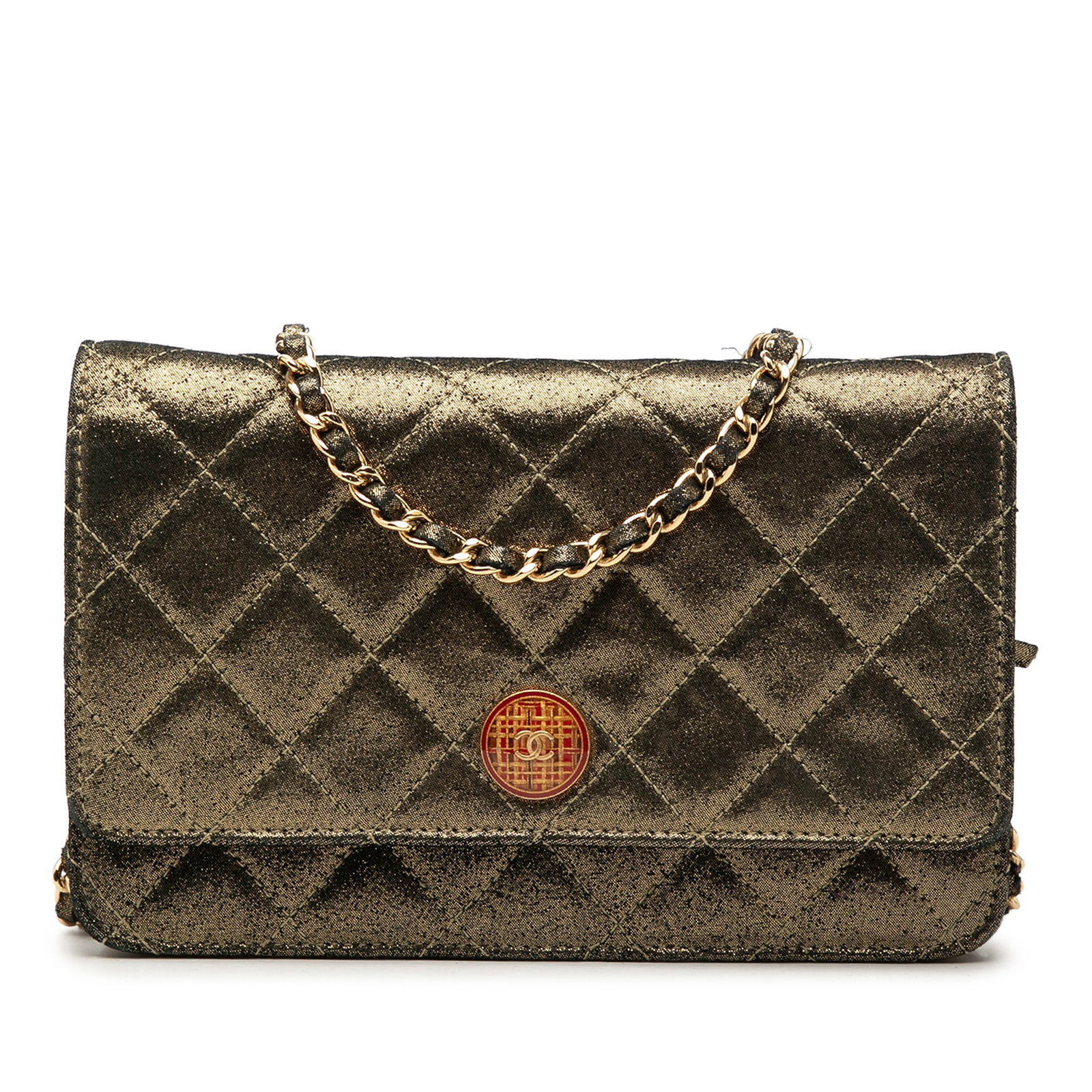 Chanel Tartan Button Wallet on Chain Quilted Iridescent Lambskin: Chanel Tartan Button Wallet on Chain Quilted Iridescent Lambskin Quilted iridescent lambskin wallet on chain with a leather-woven chain link strap, front flap with snap closure, and interior zip and s