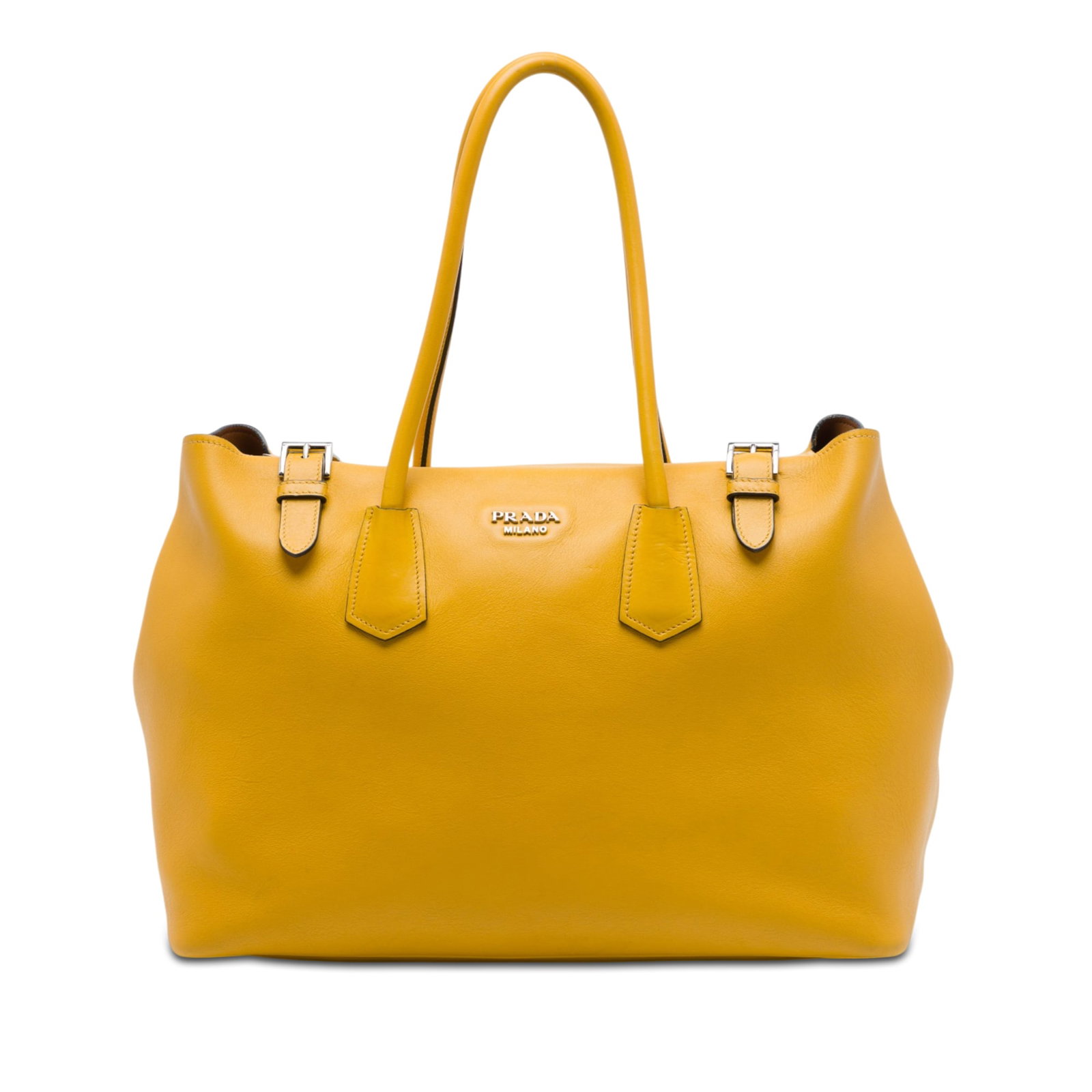 Prada City Calf Buckle Leather Tote Bag Yellow: Prada City Calf Buckle Leather Tote Bag Yellow Prada City Calf Leather Buckle Tote in yellow leather, made in Italy. The bag features rolled leather top handles, double top zip closures, and one remov