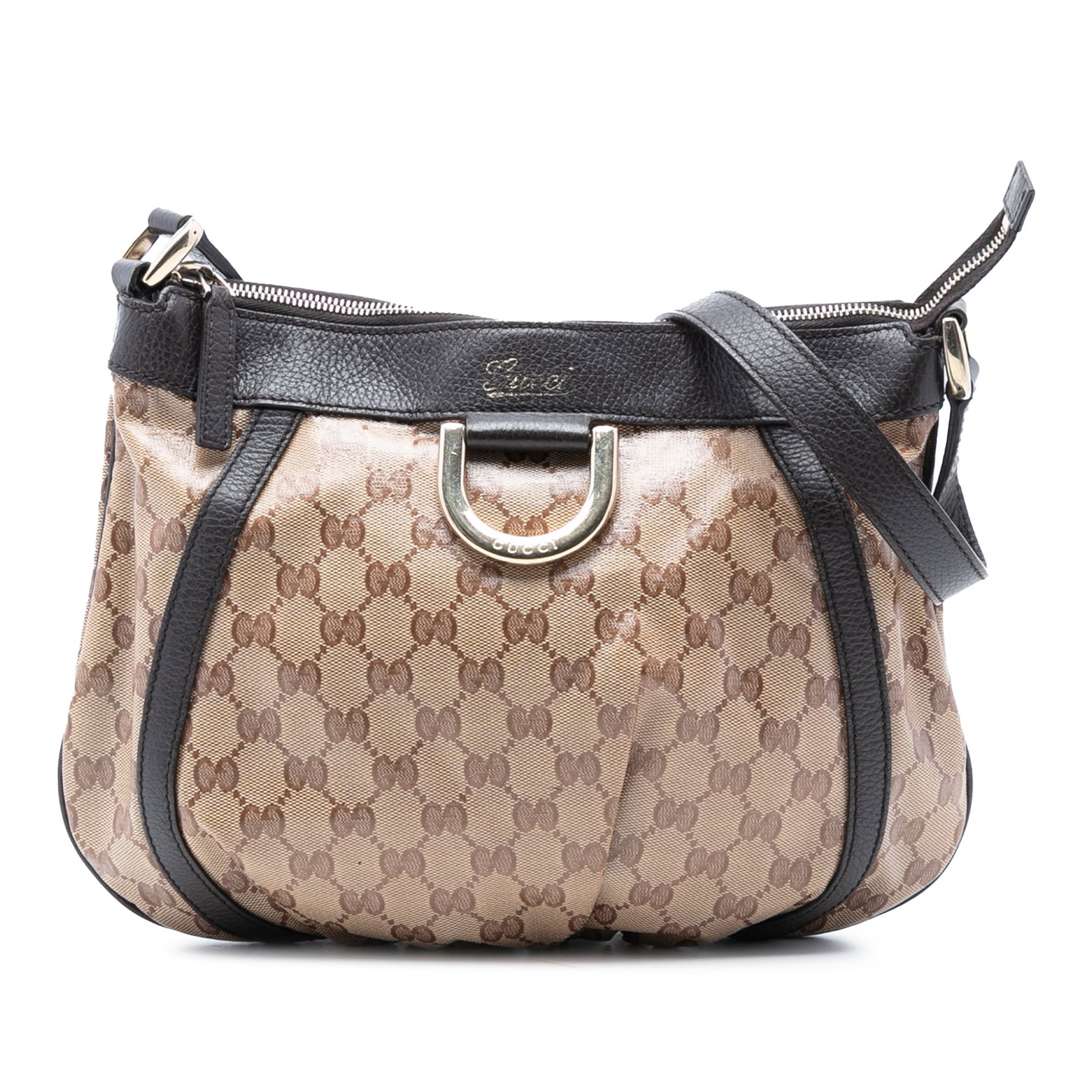 Gucci GG Crystal Abbey D Ring Beige Coated Canvas Crossbody Bag: Gucci GG Crystal Abbey D Ring Beige Coated Canvas Crossbody Bag This Gucci GG Crystal Abbey D Ring Crossbody bag features a coated canvas body with leather trim, a flat leather strap, a top zip closur