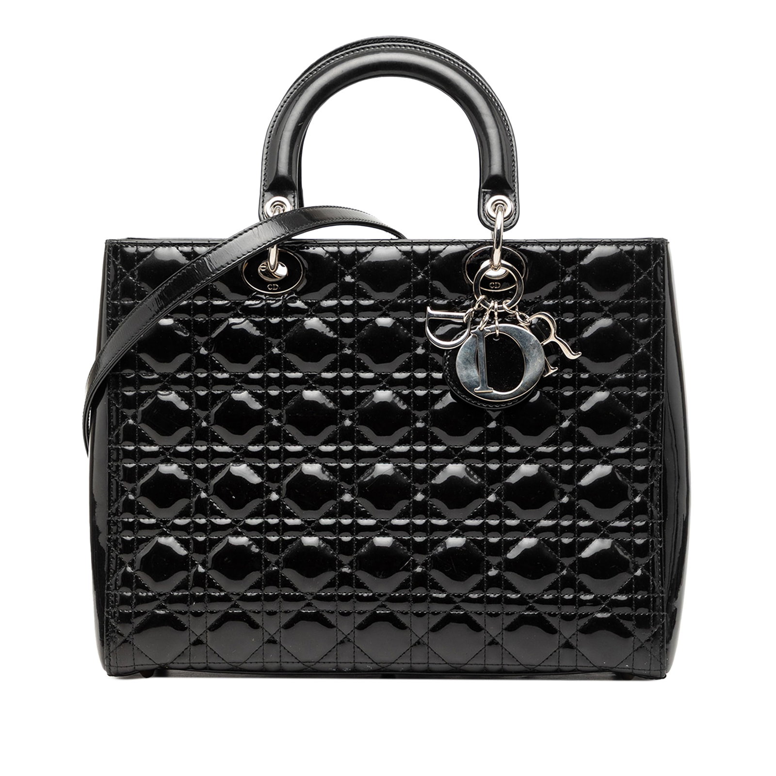 Dior Lady Dior Large Cannage Patent Leather Handbag Black: Dior Lady Dior Large Cannage Patent Leather Handbag Black This Large Patent Cannage Lady Dior bag features a quilted patent leather body in black, flat leather top handles, a detachable flat strap, a 