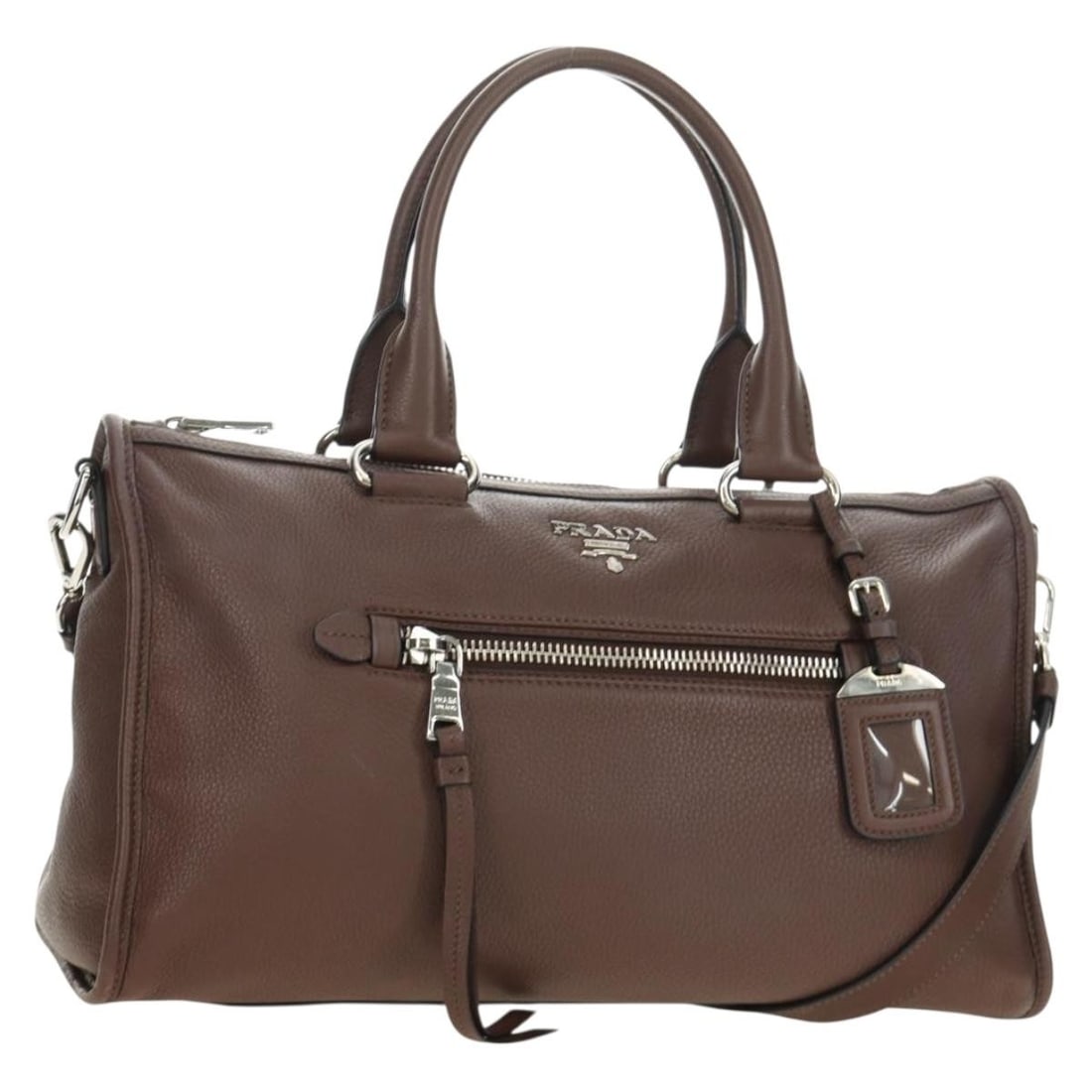 PRADA Brown Leather 2 Way Handbag with Shoulder Strap: PRADA Brown Leather 2 Way Handbag with Shoulder Strap Prada 2-way handbag in brown leather with silver-tone accents. Designed for women, this made-in-Italy bag includes a top handle and a detachable s