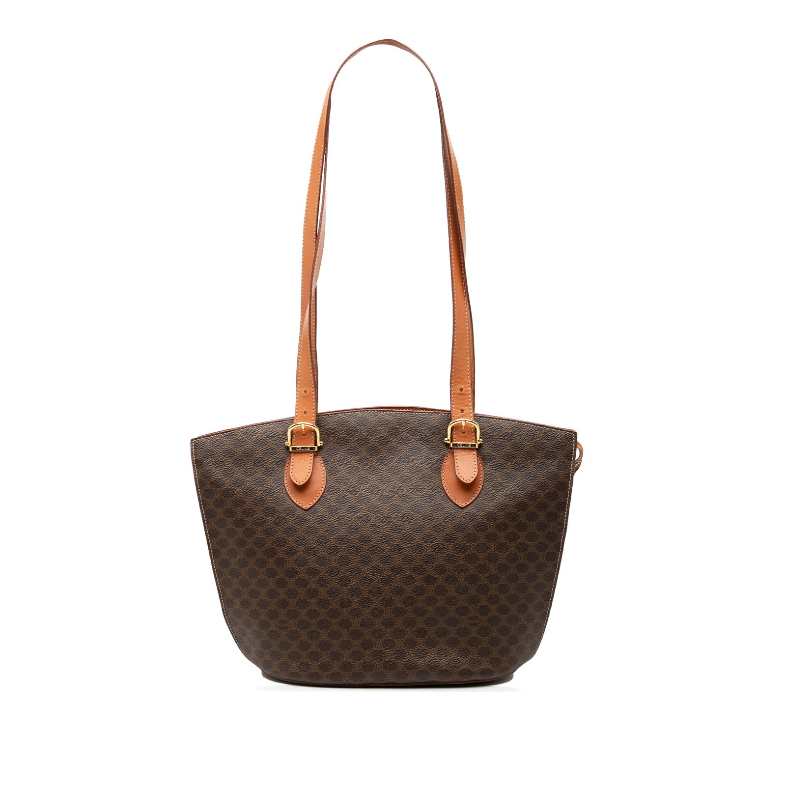 Celine Brown Macadam Shoulder Bag in Coated Canvas with Leather Trim: Celine Brown Macadam Shoulder Bag in Coated Canvas with Leather Trim This Celine Macadam shoulder bag features a coated canvas body with leather trim, flat leather straps, a top zip closure, and an in