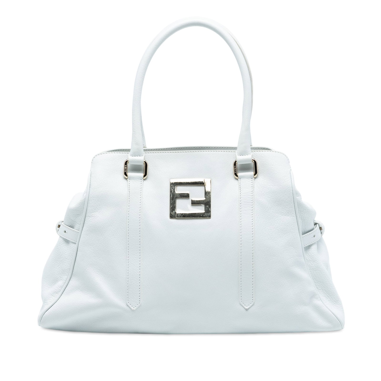 White Leather FF Tote by Fendi with Snap Button Closure: White Leather FF Tote by Fendi with Snap Button Closure This Fendi Leather FF Tote features a white leather body with rolled leather shoulder straps, an open top secured by a snap button closure, and 