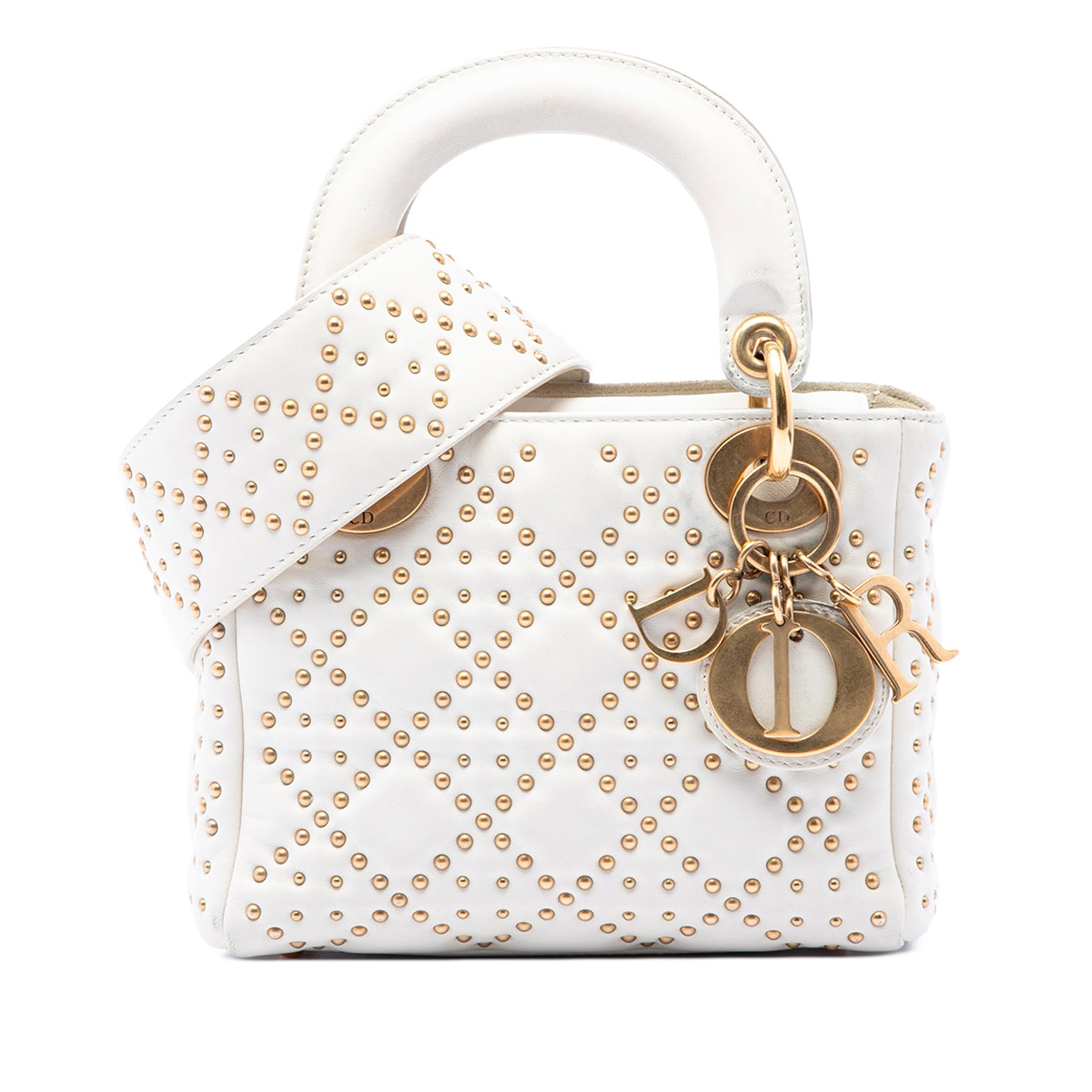 Dior Lady Dior Mini White Lambskin Cannage Studded Satchel: Dior Lady Dior Mini White Lambskin Cannage Studded Satchel Mini Lady Dior satchel in white lambskin leather with a studded Cannage design. It features flat handles, a detachable flat studded leather s