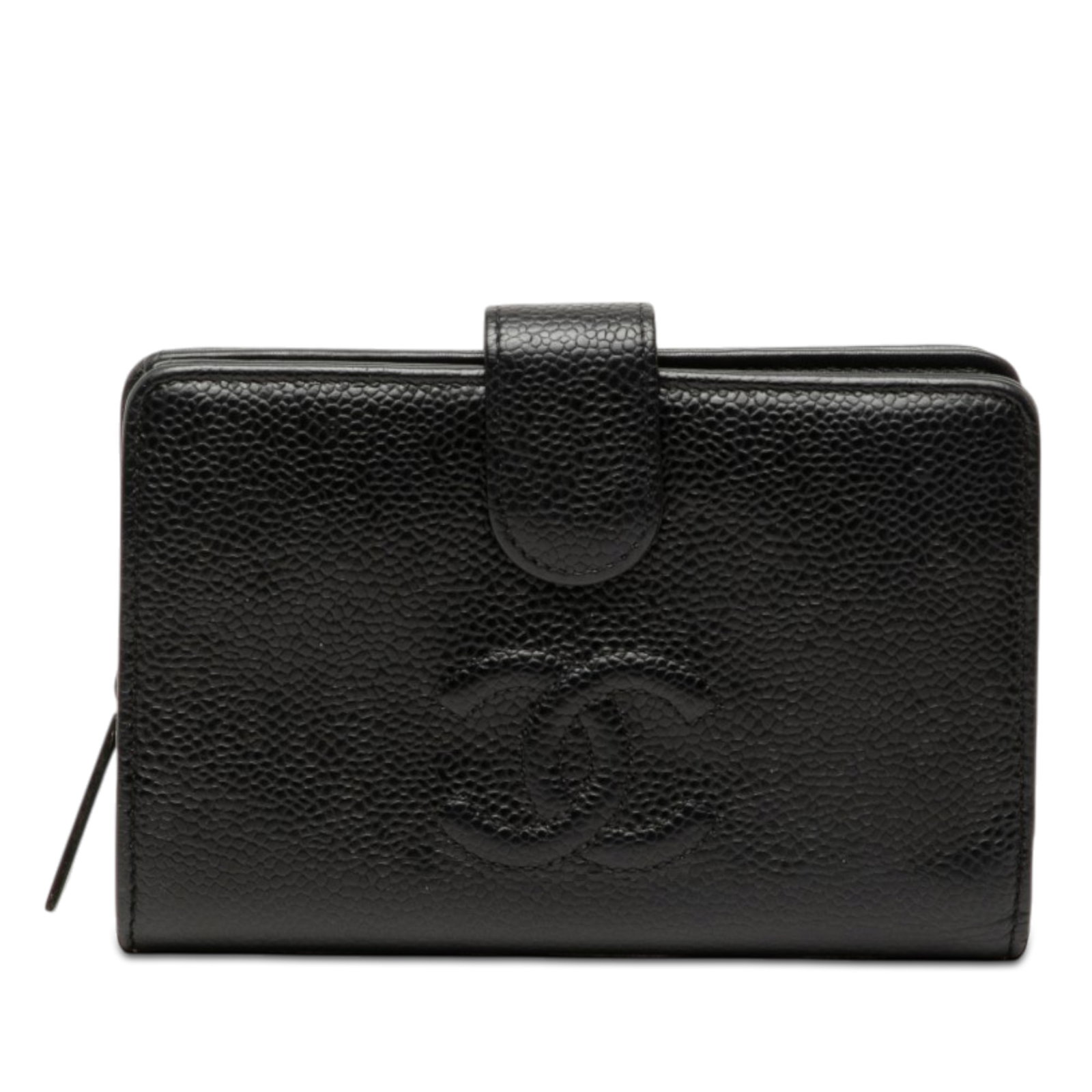 Black Chanel caviar leather bifold wallet with snap strap: Black Chanel caviar leather bifold wallet with snap strap This Chanel CC Caviar Bifold Wallet is crafted from durable caviar leather in black and features a front strap with a snap closure, an exterio