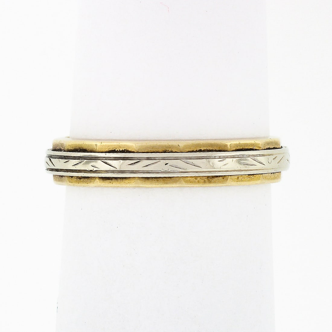 Antique 14k Two Tone Gold Hand Engraved Eternity Band Ring: Antique 14k Two Tone Gold Hand Engraved Eternity Band Ring This exquisite antique eternity band ring is crafted from solid 14k yellow and white gold, showcasing a unique hand-engraved center and facet