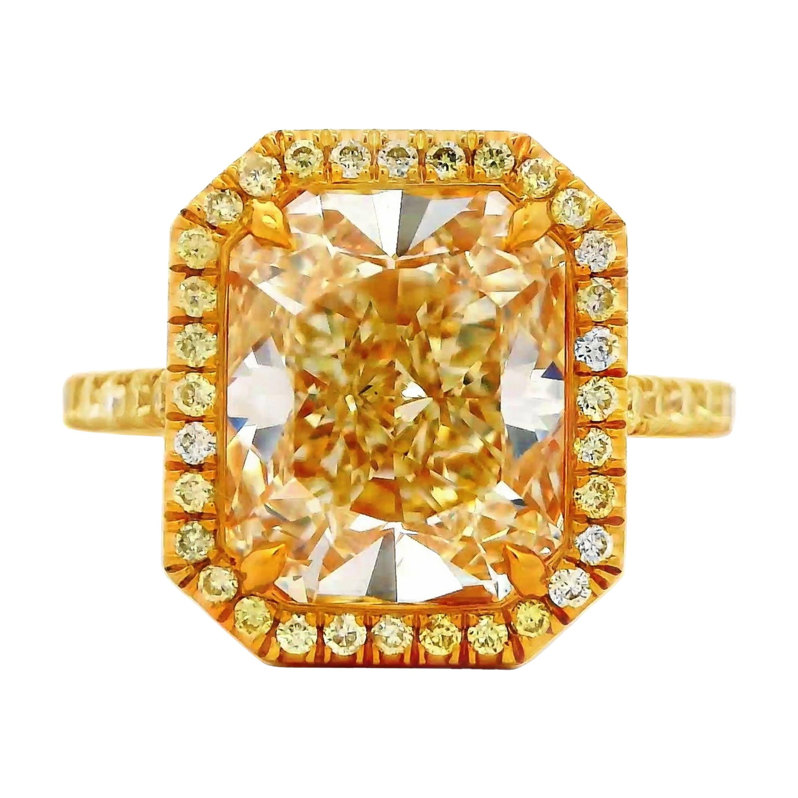 GIA 4.11ct Radiant Fancy Yellow Diamond Ring 18k Gold: GIA 4.11ct Radiant Fancy Yellow Diamond Ring 18k Gold This exquisite GIA certified 4.11ct Radiant Fancy Yellow Diamond Ring is designed in luxurious 18k yellow gold. The ring features a stunning radia