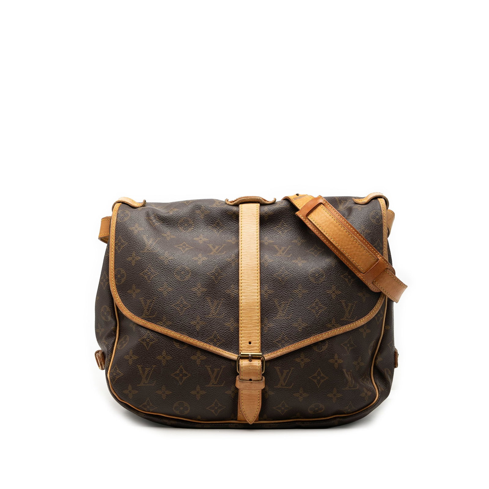 Louis Vuitton Saumur 35 Monogram Crossbody Bag: Louis Vuitton Saumur 35 Monogram Crossbody Bag Louis Vuitton Monogram Saumur 35 bag in brown monogram canvas with vachetta leather trim and flat vachetta leather straps. It features belt buckle closur