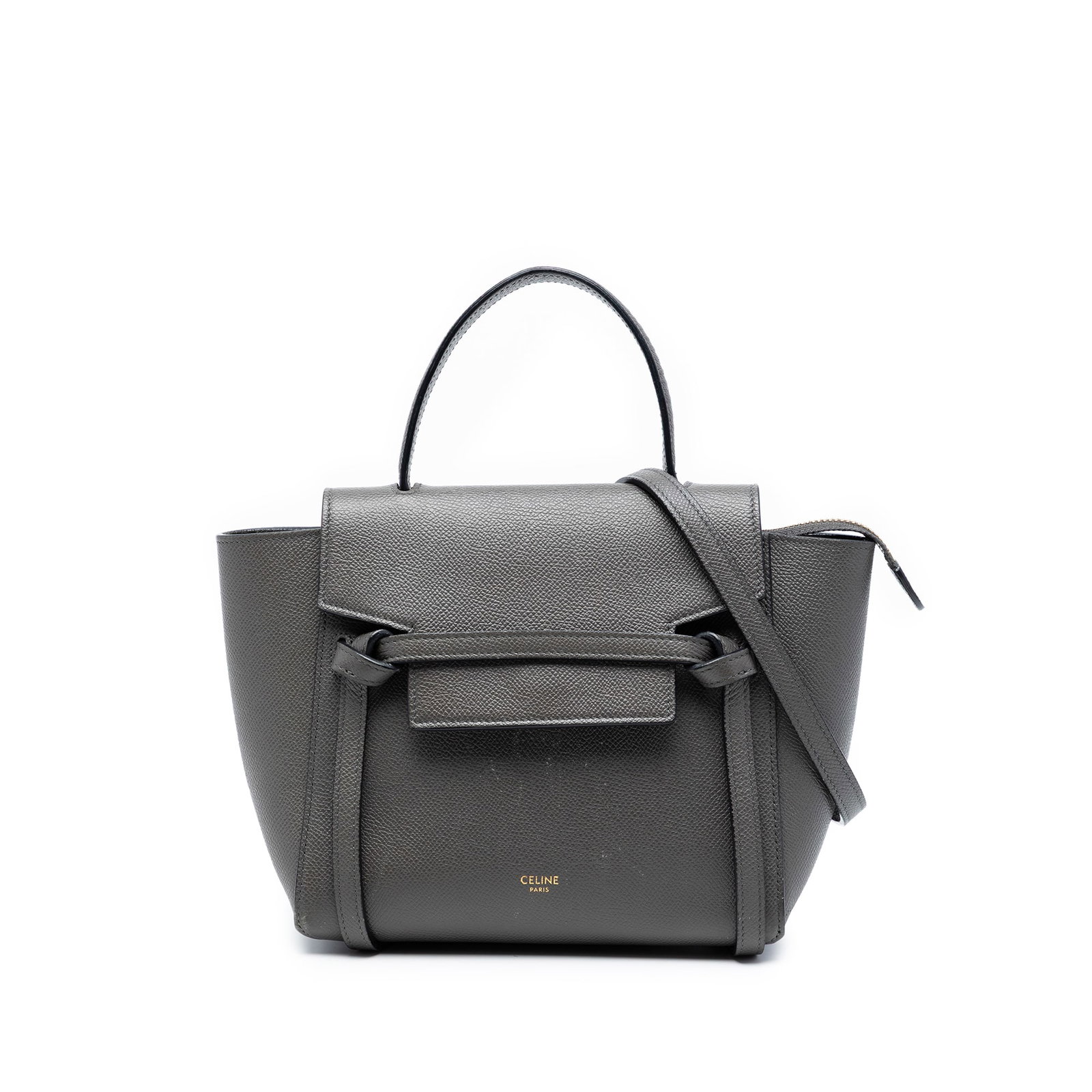 Celine Nano Grained Calfskin Gray Belt Bag: Celine Nano Grained Calfskin Gray Belt Bag This Celine Nano Grained Calfskin Belt Bag is crafted from leather and features rolled leather handles, a removable flat leather strap, a top flap with slip-