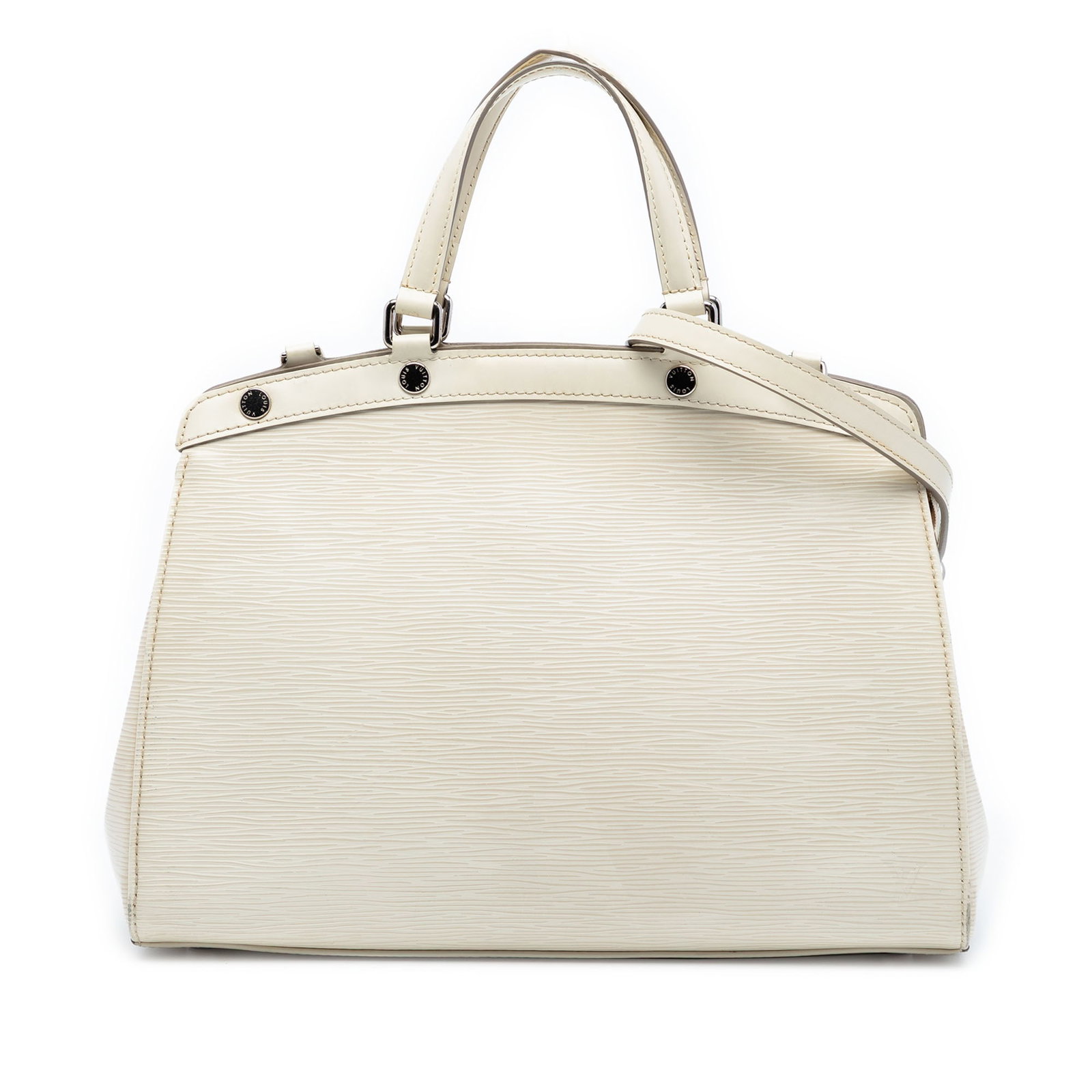 White Epi Leather Brea MM Shoulder Bag by Louis Vuitton: White Epi Leather Brea MM Shoulder Bag by Louis Vuitton This Louis Vuitton Epi Brea MM features a structured silhouette crafted from white epi leather. It is designed with flat leather handles and a d
