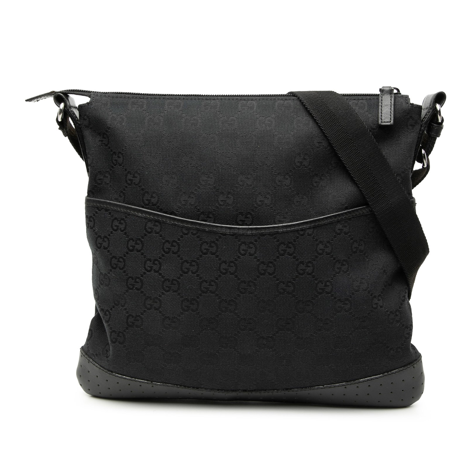 Gucci GG Canvas Black Crossbody Bag with Leather Trim: Gucci GG Canvas Black Crossbody Bag with Leather Trim This Gucci GG Canvas Crossbody bag features a canvas body with leather trim, an adjustable flat strap, a top zip closure, an exterior front slip p