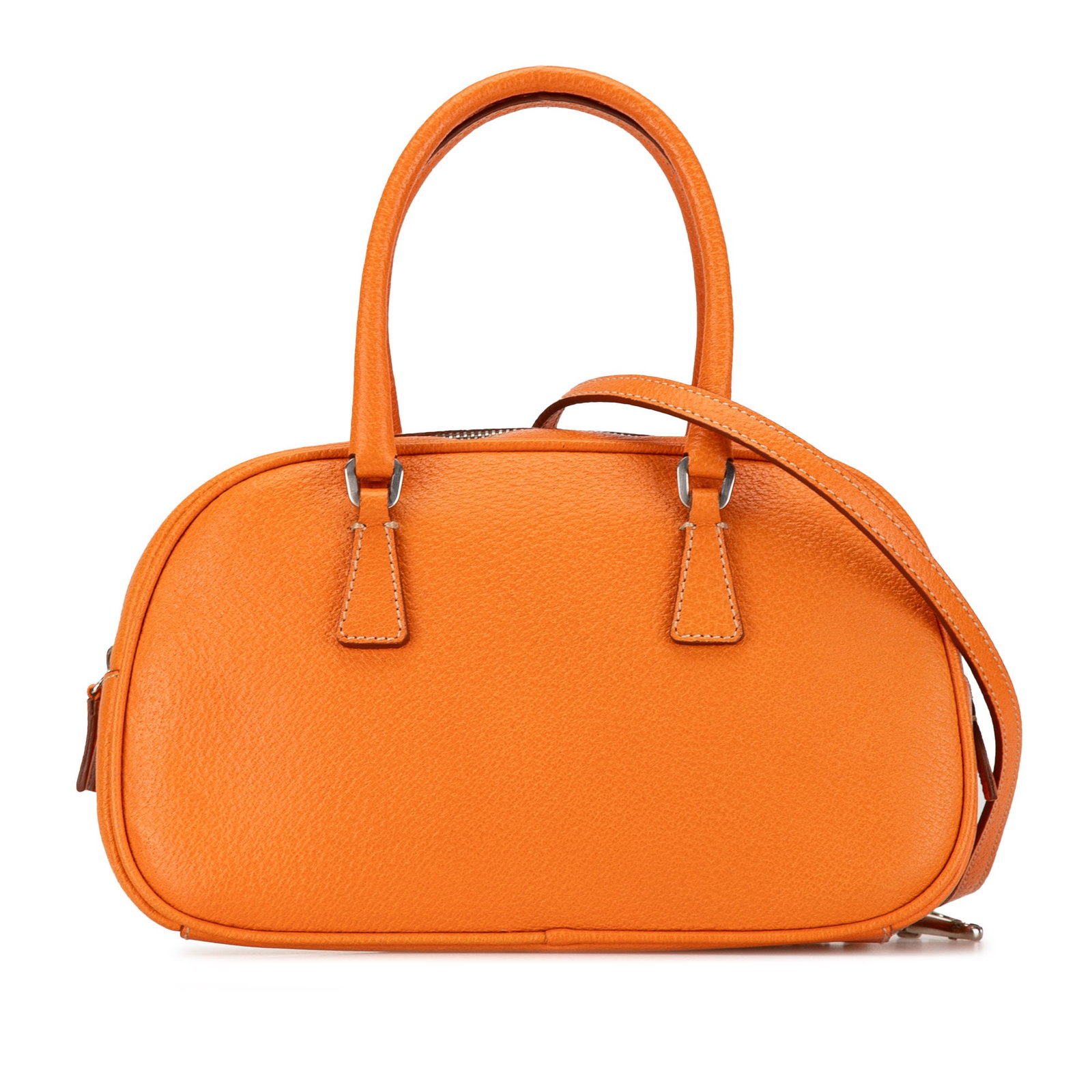 Orange Leather Prada Mini Cinghiale Handbag with Detachable Strap: Orange Leather Prada Mini Cinghiale Handbag with Detachable Strap This Prada Mini Cinghiale Satchel is crafted from orange leather and features rolled leather handles, a detachable flat strap, and a t