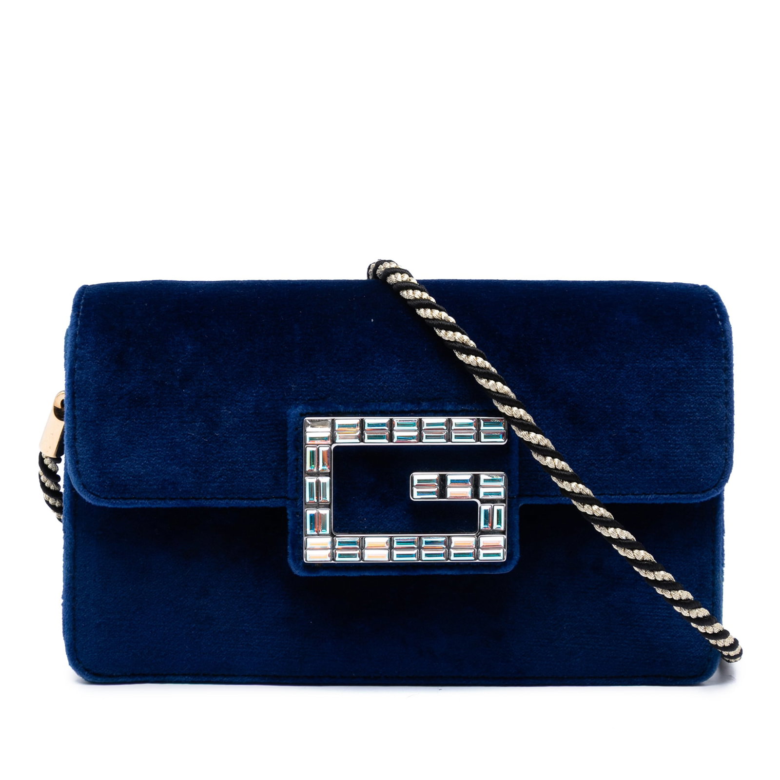 Gucci Crystal G Broadway velvet crossbody bag: Gucci Crystal G Broadway velvet crossbody bag This Gucci Crystal G Velvet Broadway Crossbody bag features a luxurious blue velvet body, a rolled strap, and a front flap adorned with crystal embellishm