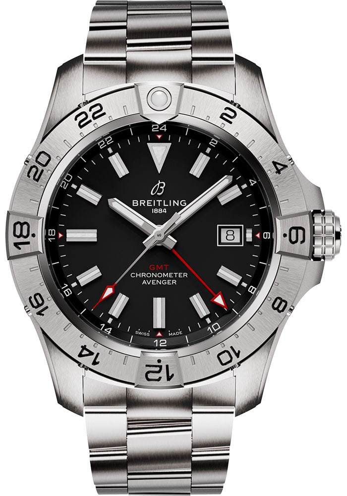 Breitling A32320101B1A1 Avenger GMT Mens Watch Black Dial Bracelet Card: Breitling A32320101B1A1 Avenger GMT Mens Watch Black Dial Bracelet Card Breitling Avenger Automatic GMT men's watch with a black dial and rotating bezel, presented on a bracelet. The listing includes 