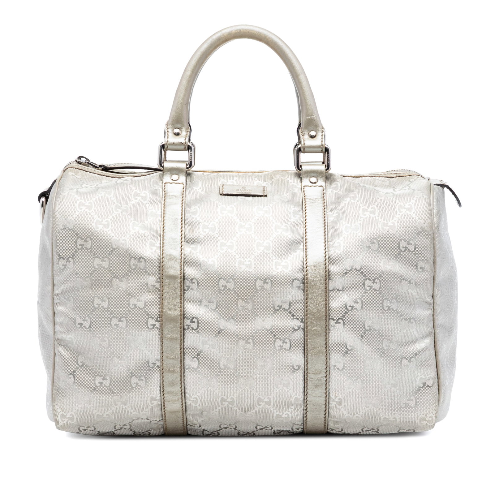Gucci Joy Boston Bag Medium Silver Coated Canvas with Leather Trim: Gucci Joy Boston Bag Medium Silver Coated Canvas with Leather Trim This Gucci Medium GG Imprime Joy Boston Bag features a coated canvas body with leather trim, rolled leather handles, a top zip closur