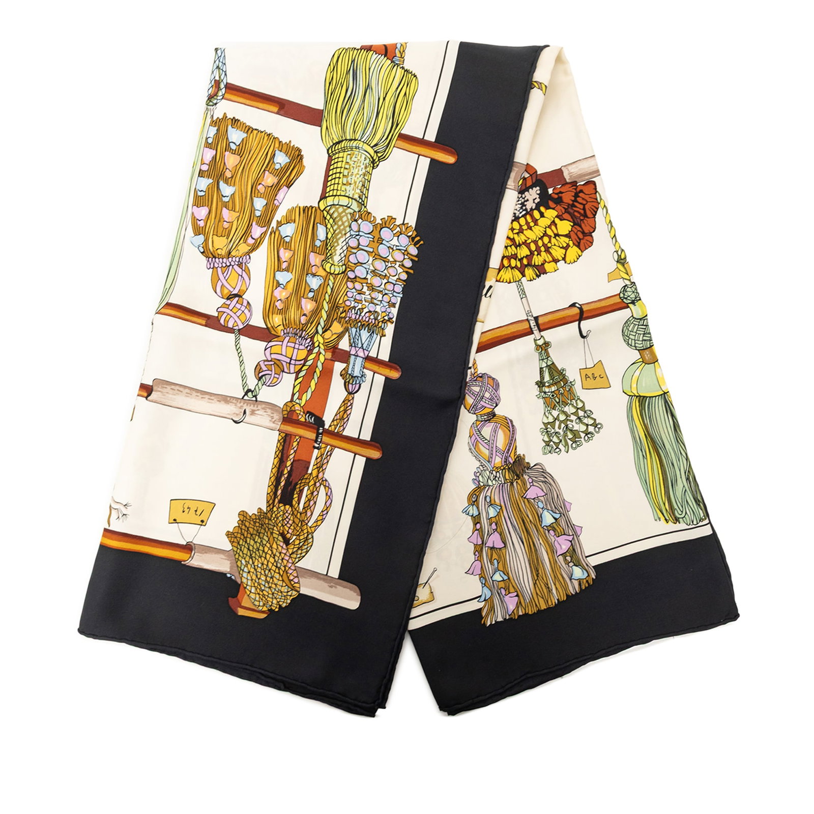 Hermes Passementerie 90 Silk Scarf White France: Hermes Passementerie 90 Silk Scarf White France Hermes Passementerie Silk Scarf 90 featuring the Passementerie print on 100% silk. Made in France, this accessory is presented in white and measures 88.