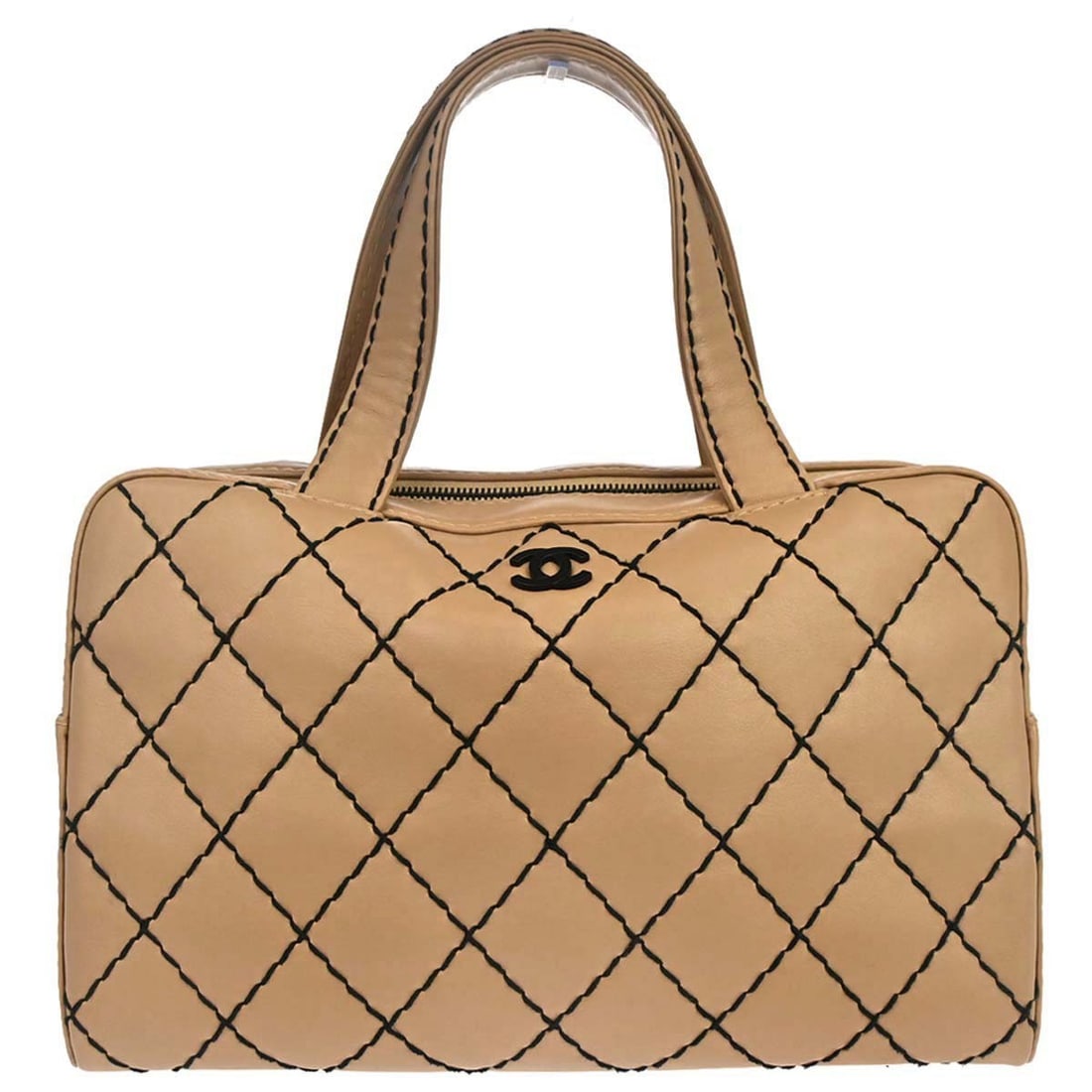 CHANEL Wild Stitch Beige Calfskin Leather Top Handle Bag: CHANEL Wild Stitch Beige Calfskin Leather Top Handle Bag Beige Chanel Wild Stitch handbag in calfskin leather with a quilted pattern and top handle design. It features a zip closure, bottom studs, and