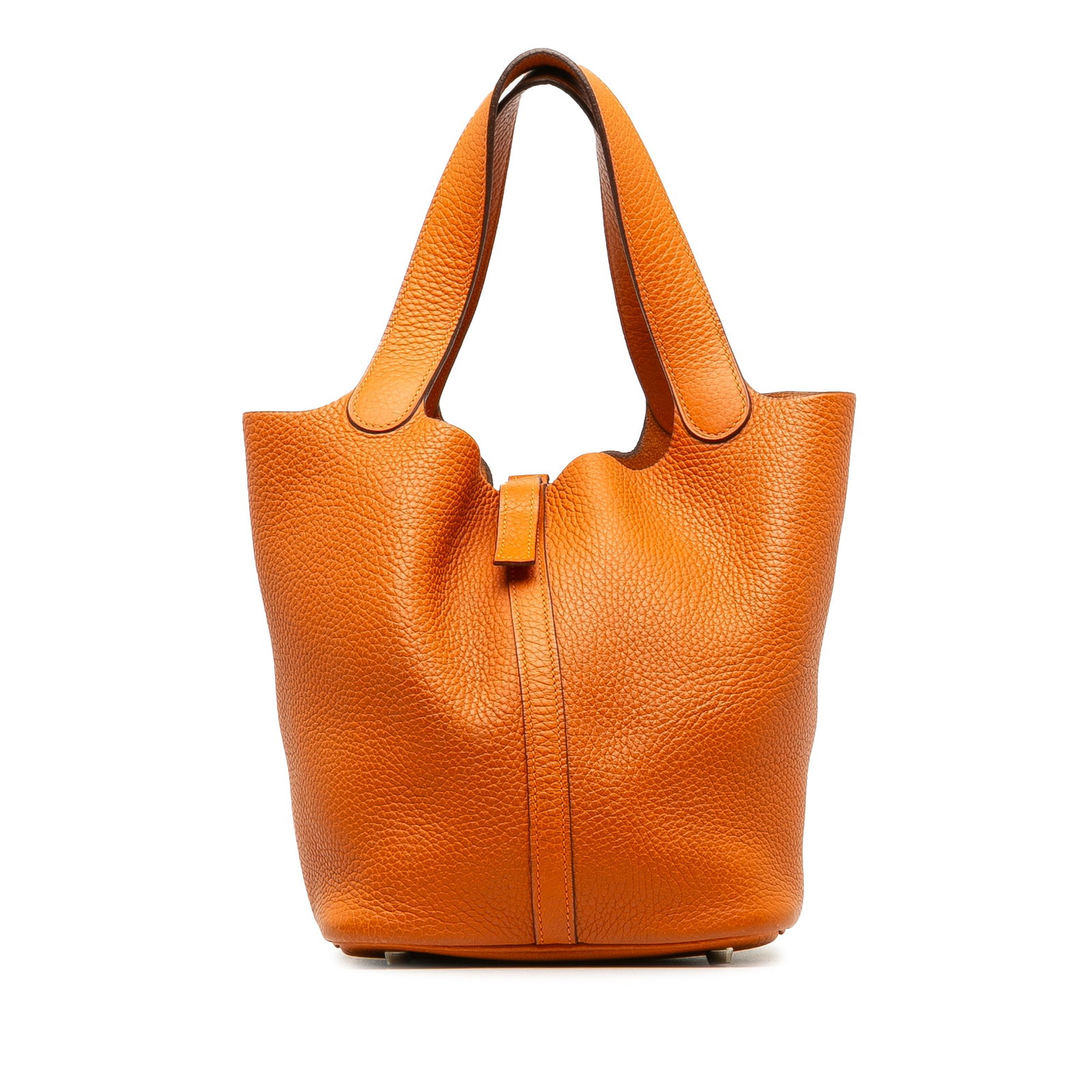 Hermes Clemence Picotin Lock 22 Orange Leather Bag: Hermes Clemence Picotin Lock 22 Orange Leather Bag The Hermes Clemence Picotin Lock 22 is a stylish and functional bag crafted from premium leather. This iconic piece features a leather body with flat
