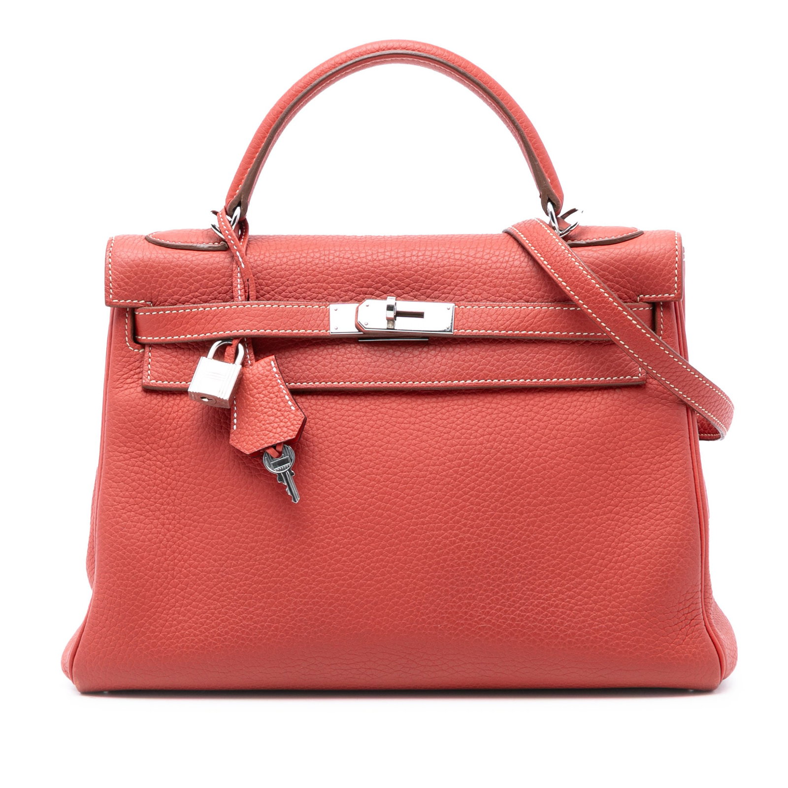 Hermes Kelly II Retourne 32 Clemence Leather Orange Bag: Hermes Kelly II Retourne 32 Clemence Leather Orange Bag This Hermes Clemence Kelly II Retourne 32 features a Sanguine orange Clemence leather body, complemented by a rolled leather top handle and a de