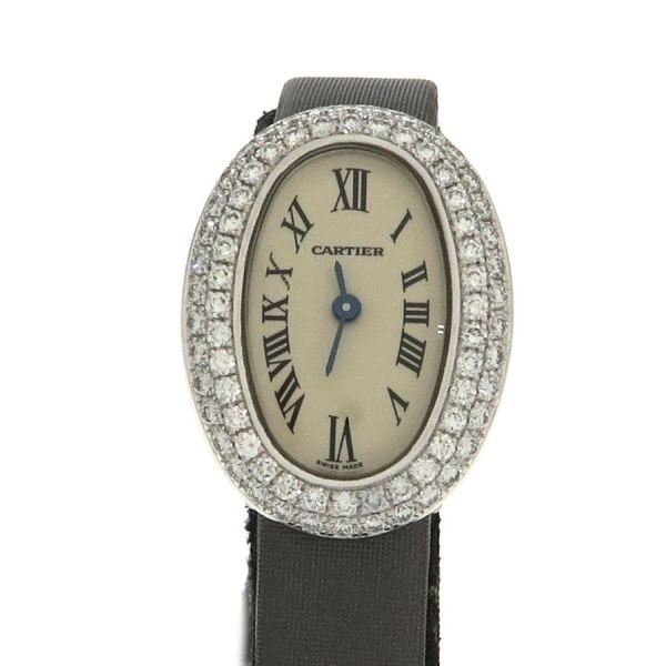 Cartier Mini Baignoire WB509531 18K White Gold Diamond Quartz Watch: Cartier Mini Baignoire WB509531 18K White Gold Diamond Quartz Watch This Cartier Mini Baignoire WB509531 women's watch features an elegant oval case crafted from 18K white gold and is double-set with 