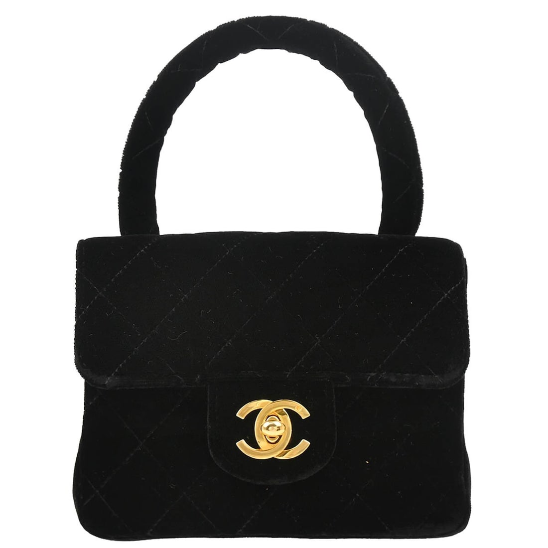 CHANEL Mini Square Top Handle Flap Bag in Black Velvet: CHANEL Mini Square Top Handle Flap Bag in Black Velvet Black Chanel mini square handbag in velvet with a matelasse quilted pattern and flap turn-lock closure. It features a top handle, leather lining,