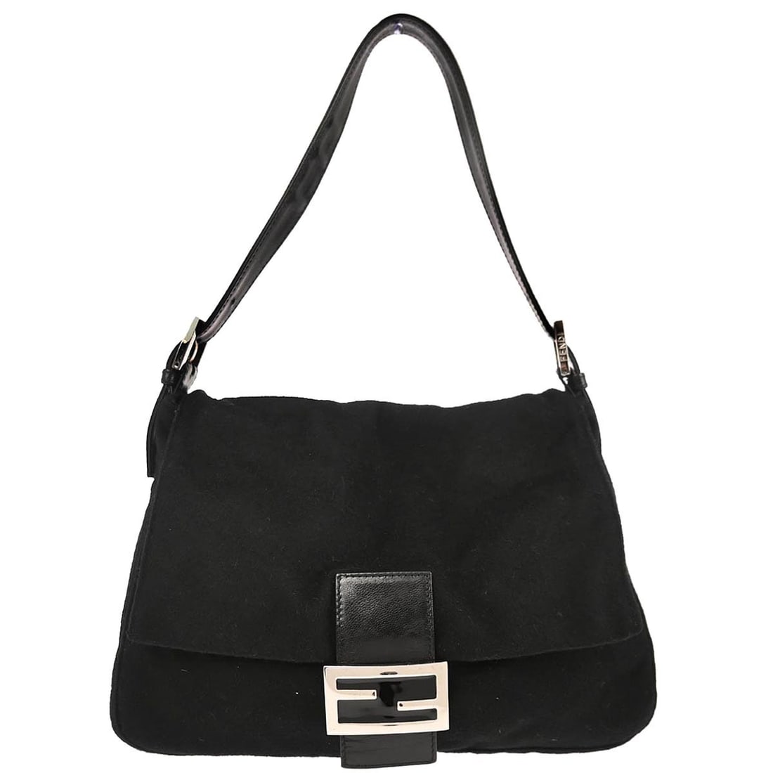 Fendi Mamma Baguette Black Cashmere Shoulder Bag 2348-26325-099: Fendi Mamma Baguette Black Cashmere Shoulder Bag 2348-26325-099 Fendi Mamma Baguette handbag in black cashmere with leather trim and silver-color hardware. This medium shoulder bag features a magnetic