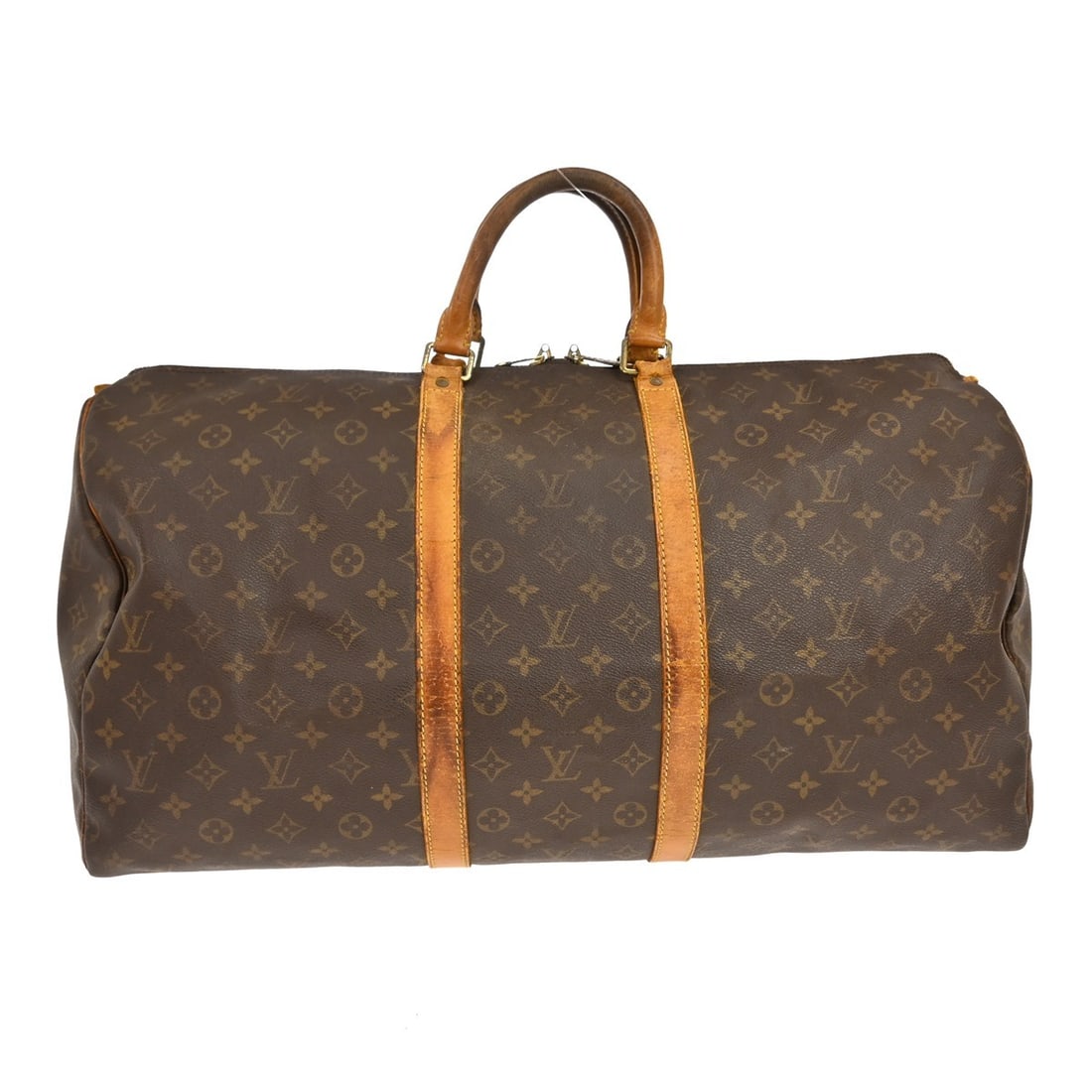 Louis Vuitton Keepall 55 Monogram Canvas Duffle Bag M41424: Louis Vuitton Keepall 55 Monogram Canvas Duffle Bag M41424 Vintage Louis Vuitton Keepall 55 travel handbag in Monogram canvas and leather, made in France. It features a zip closure, double handles wit