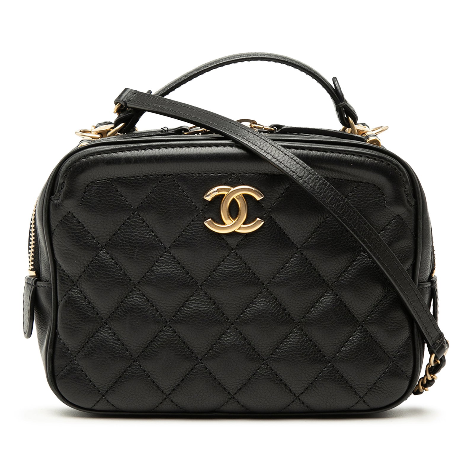 Chanel Small CC Lambskin Vanity Case Top Handle Chain Bag: Chanel Small CC Lambskin Vanity Case Top Handle Chain Bag Chanel Small CC Quilted Lambskin Top Handle Vanity Case with Chain in black. This satchel is made with a lambskin leather body and features a 