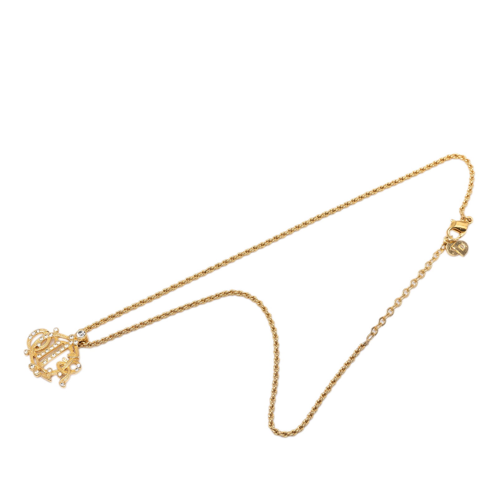 Dior Strass Logo Pendant Necklace Gold Tone Metal: Dior Strass Logo Pendant Necklace Gold Tone Metal Dior gold-tone costume necklace featuring a pendant with crystal embellishments and a gold-tone chain with lobster clasp closure. The piece is made of