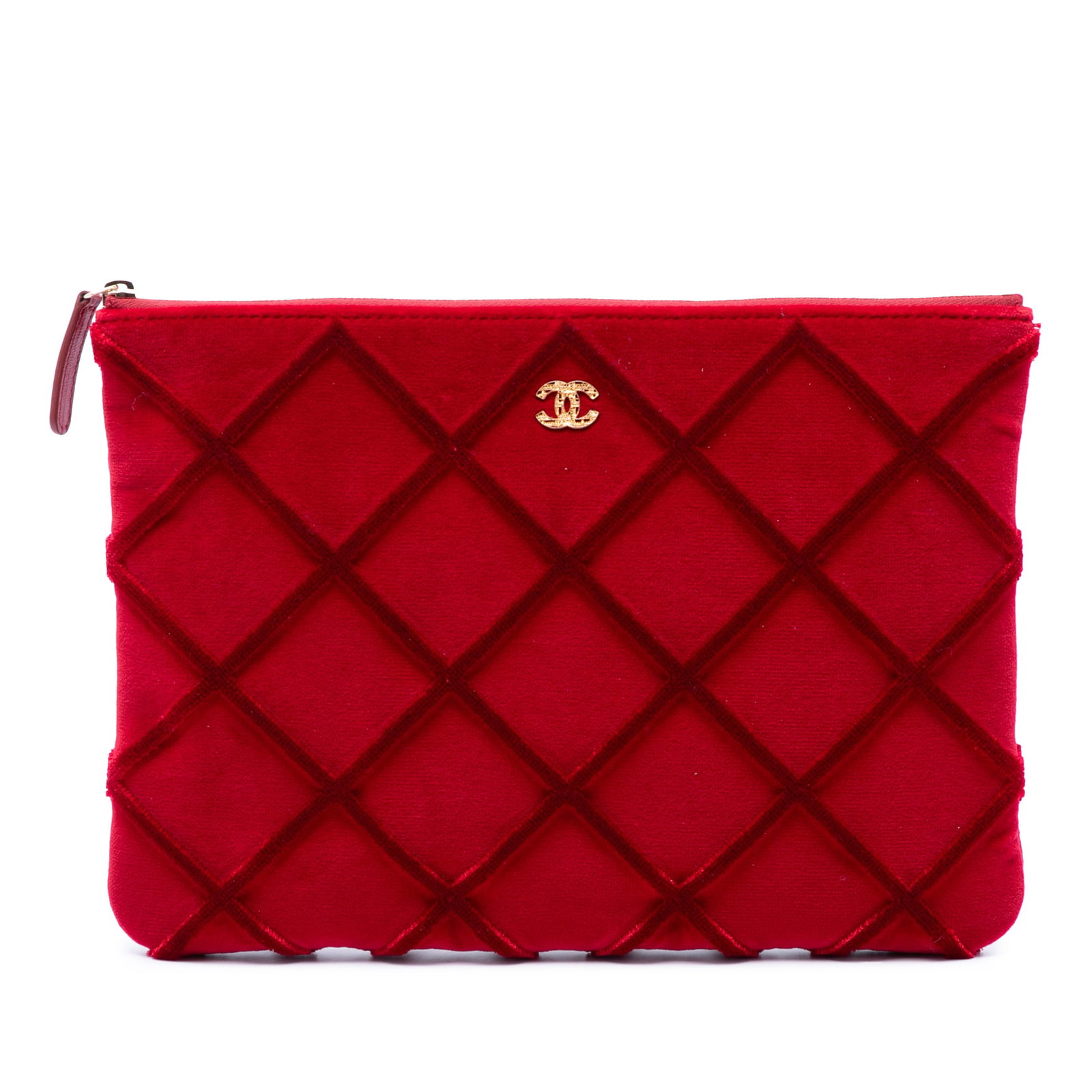 Chanel O Case Medium Red Quilted Velvet CC Clutch: Chanel O Case Medium Red Quilted Velvet CC Clutch Chanel Medium CC Quilted Velvet O Case Clutch in red, featuring a quilted velvet body, top zip closure, and fabric construction. Made in Italy, this c