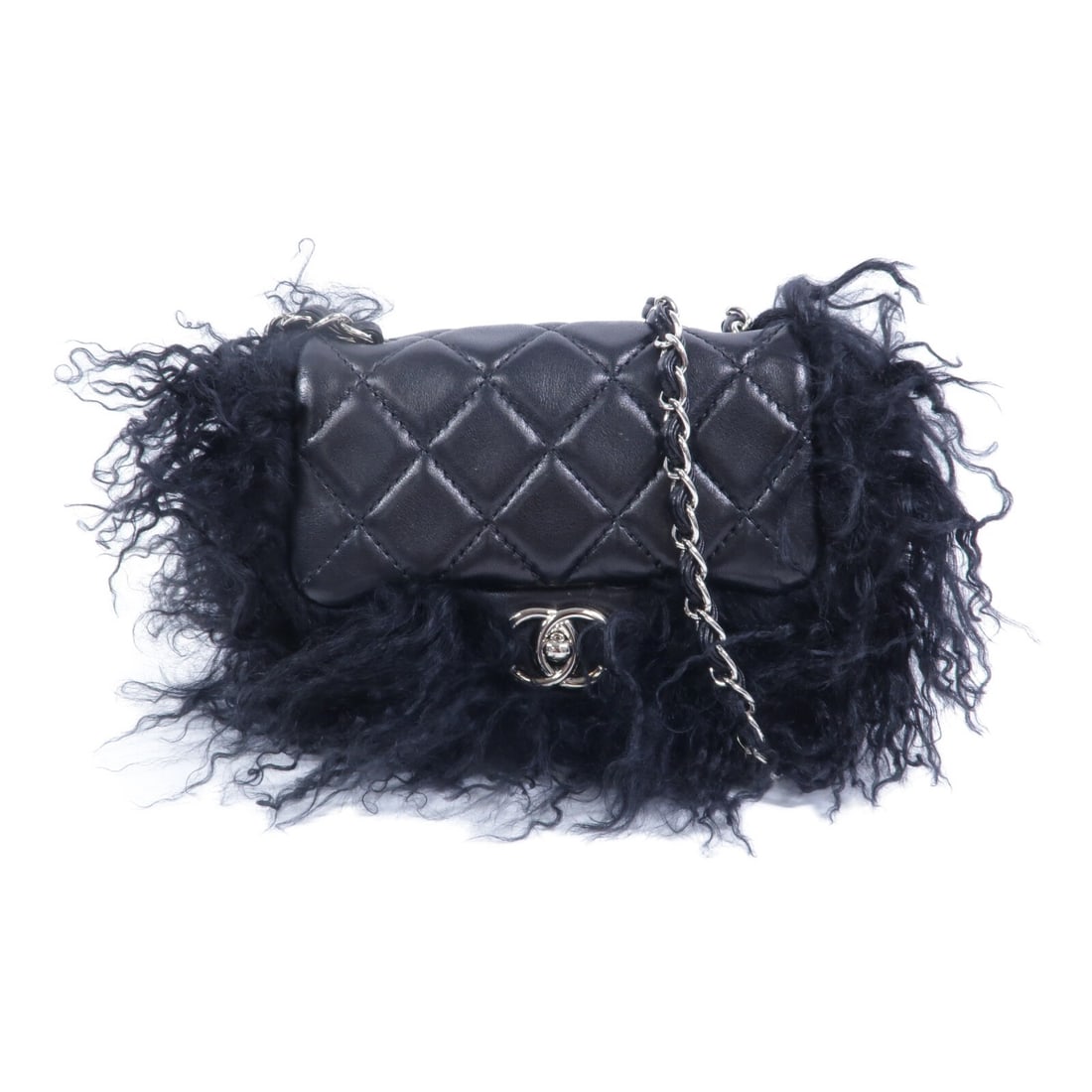 CHANEL CC Shoulder Bag Black Lambskin Goat Fur Silver Hardware (1 of 15)