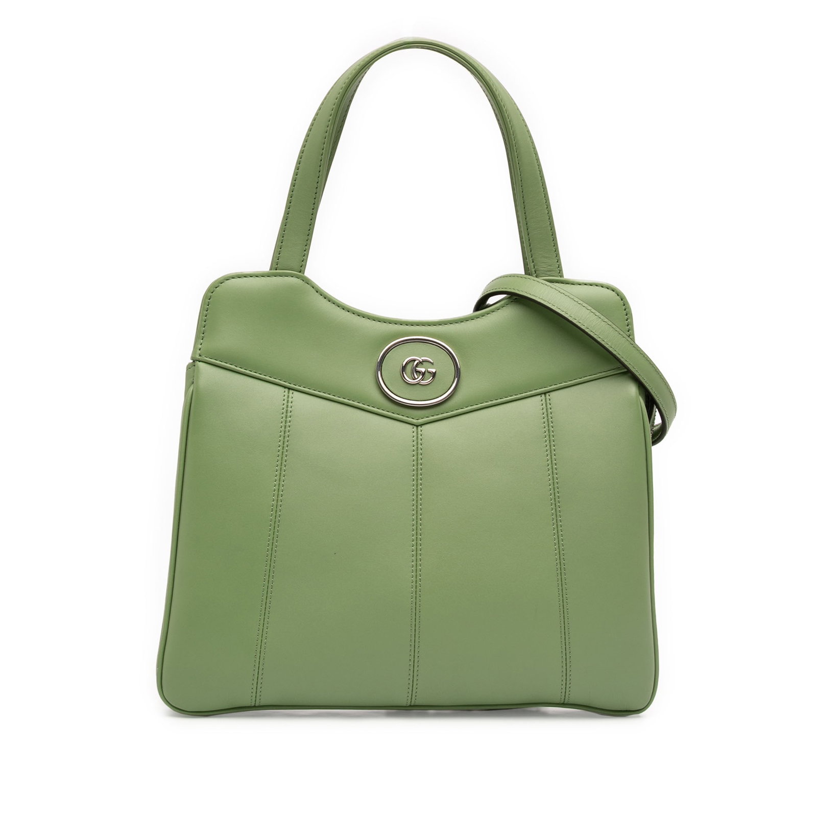 Gucci Petite GG Green Leather Tote with Chain Strap: Gucci Petite GG Green Leather Tote with Chain Strap This Gucci Small Leather Petite GG Tote features a green leather body with flat leather handles and a detachable curb chain link strap with a leathe