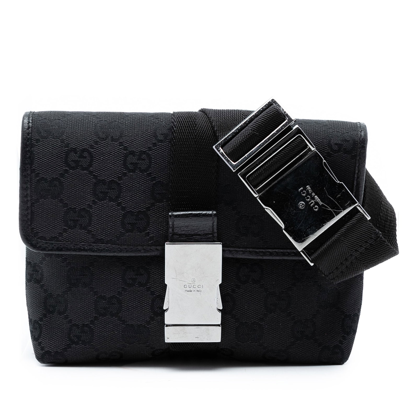 Gucci GG Canvas Waist Bag Black Fabric Italy: Gucci GG Canvas Waist Bag Black Fabric Italy This Gucci GG Canvas Belt Bag is crafted from durable fabric and features a black canvas body with an adjustable flat waist strap. The bag is designed with
