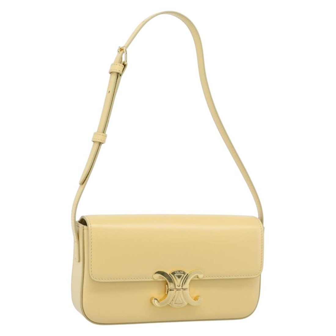 CELINE Triomphe Leather Shoulder Bag Ivory Gold Tone Italy: CELINE Triomphe Leather Shoulder Bag Ivory Gold Tone Italy CELINE Triomphe shoulder bag in leather with an ivory and gold colorway. Made in Italy, this women's shoulder bag measures approximately 21 c