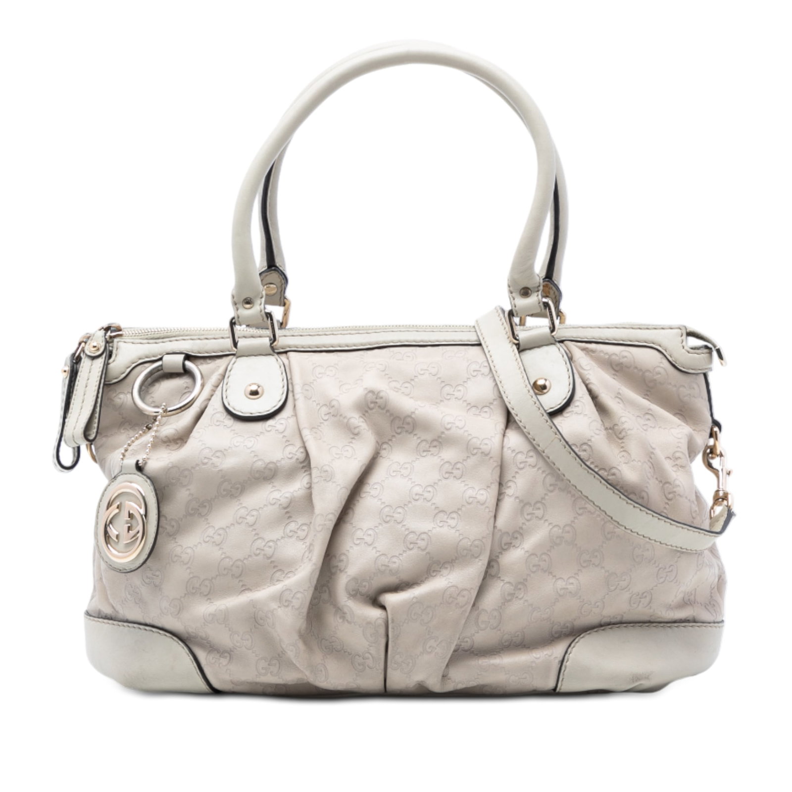 Gucci Sukey White Leather Satchel with Removable Strap: Gucci Sukey White Leather Satchel with Removable Strap The Guccissima Sukey Satchel features a white leather body with rolled leather handles and a detachable flat leather strap. It is designed with a
