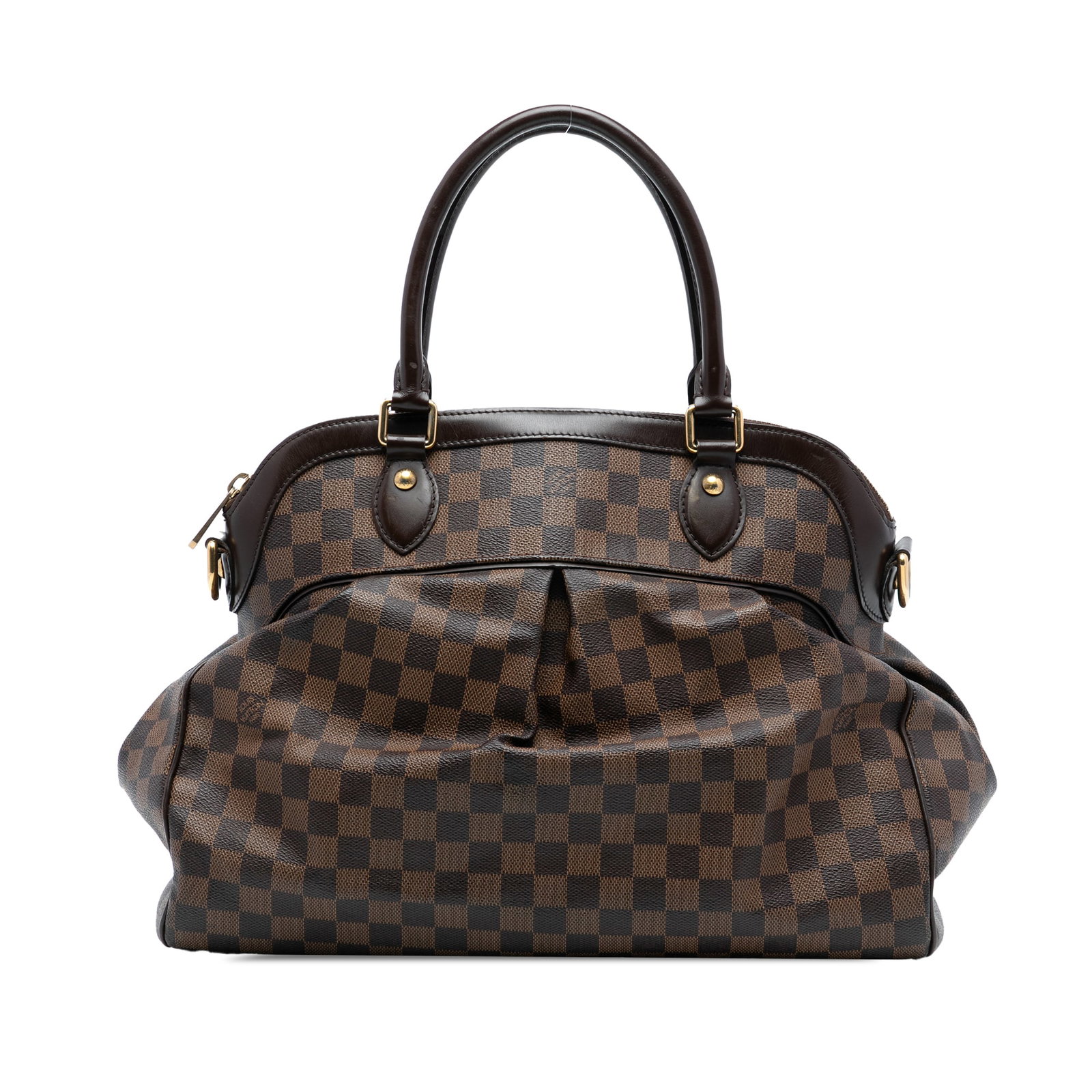 Louis Vuitton Trevi GM Brown Damier Canvas Tote with Leather Trim: Louis Vuitton Trevi GM Brown Damier Canvas Tote with Leather Trim The Louis Vuitton Damier Ebene Trevi GM features a damier canvas body with leather trim, rolled leather handles, a top zip closure, an