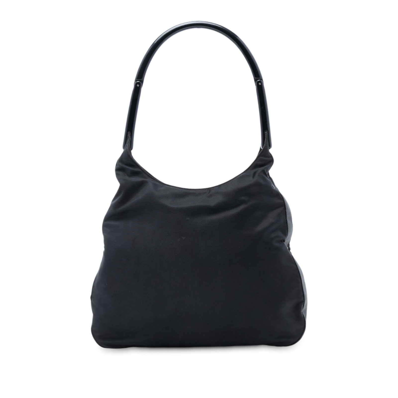 Black Prada Tessuto Fabric Shoulder Bag with Plastic Strap: Black Prada Tessuto Fabric Shoulder Bag with Plastic Strap This Prada Tessuto Shoulder Bag features a black nylon body complemented by a plastic strap and an open top design. The bag shows signs of pr