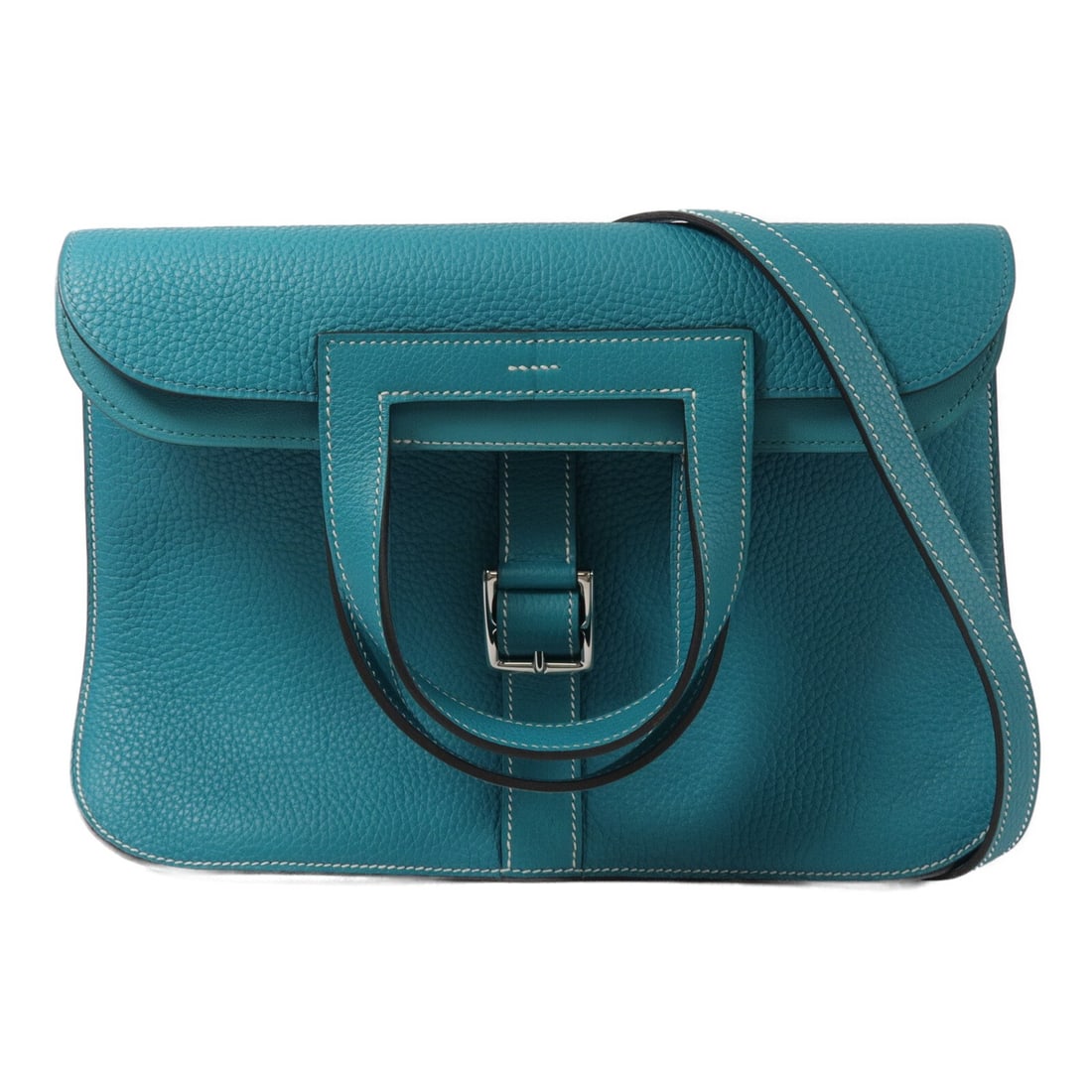 Hermes Halzan 31 Taurillon Clemence 2 Way Bag Vert Verone PHW: Hermes Halzan 31 Taurillon Clemence 2 Way Bag Vert Verone PHW A Hermes Halzan 31 2-way shoulder bag in Vert Verone green, crafted from Taurillon Clemence leather with calfskin details. It features a s