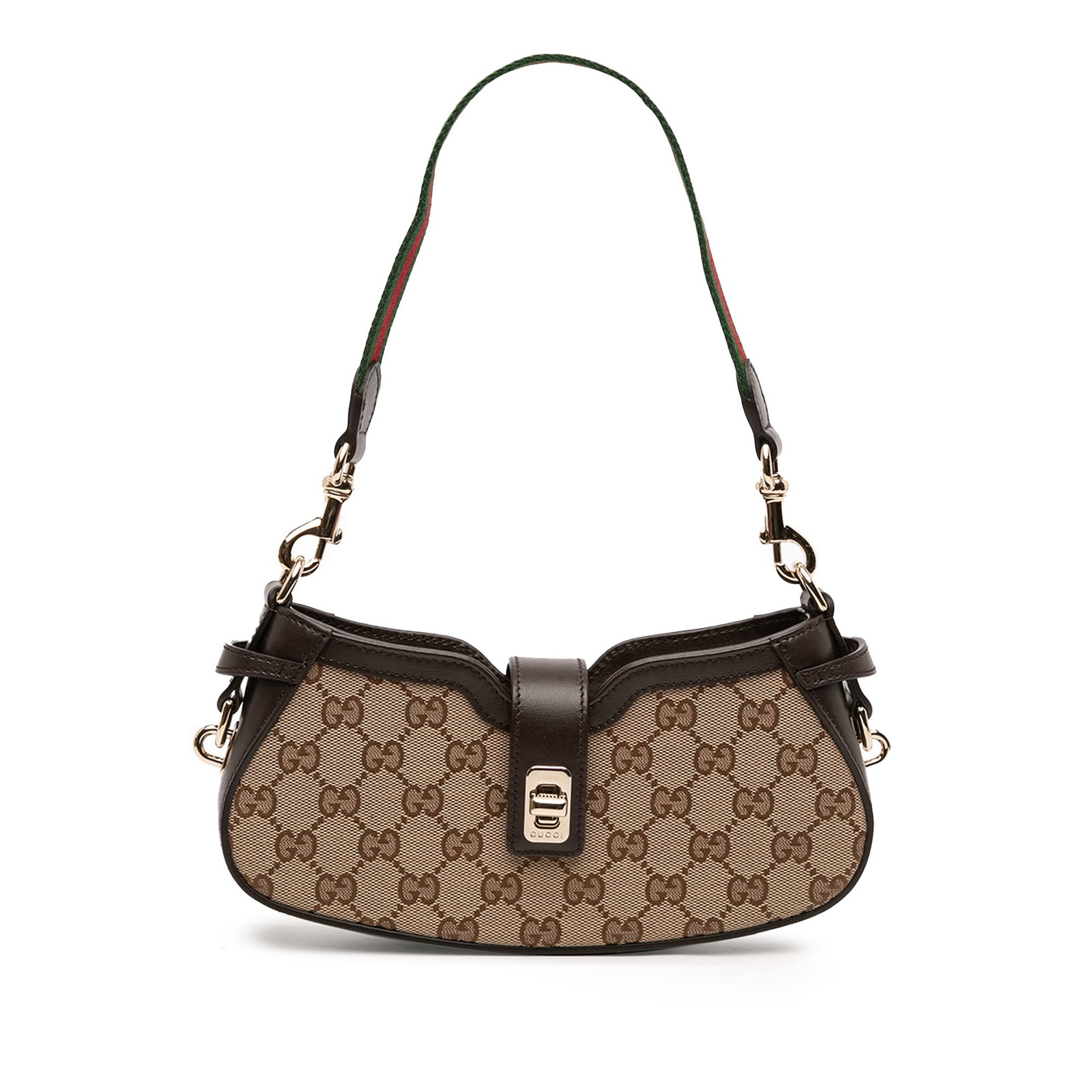 Mini GG Canvas Web Moon Side Shoulder Bag by Gucci: Mini GG Canvas Web Moon Side Shoulder Bag by Gucci The Gucci Mini GG Supreme Moon Side Web Shoulder Bag is a stylish accessory crafted from coated canvas with leather trim. It features a flat canvas s