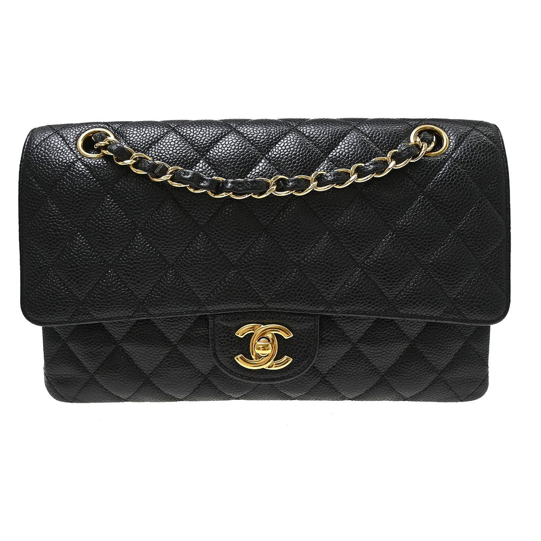 CHANEL Classic Double Flap Medium Black Caviar Leather Shoulder Bag: CHANEL Classic Double Flap Medium Black Caviar Leather Shoulder Bag Chanel Classic Double Flap Medium shoulder bag in black caviar skin leather with a matelasse pattern and logo accent. It features a 