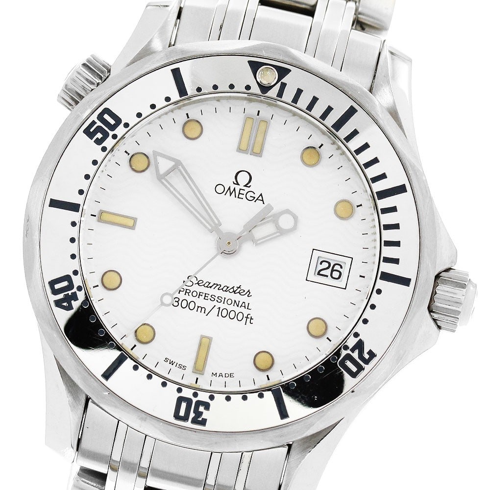 OMEGA Seamaster 300 Ref 2562.20 Quartz Date Wristwatch: OMEGA Seamaster 300 Ref 2562.20 Quartz Date Wristwatch OMEGA Seamaster 300 Date quartz wristwatch, reference 2562.20, in pre-owned condition. It features a stainless steel case and band, white dial, d