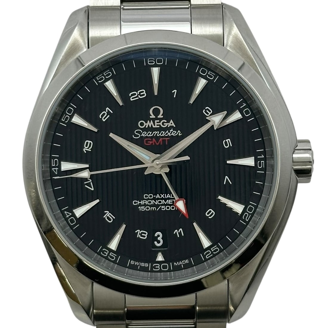 OMEGA 231.10.43.22.01.001 Seamaster Aqua Terra GMT men's steel watch: OMEGA 231.10.43.22.01.001 Seamaster Aqua Terra GMT men's steel watch This pre-owned OMEGA Seamaster Aqua Terra GMT Co-Axial men's wristwatch features a stainless steel case and black dial. It is power