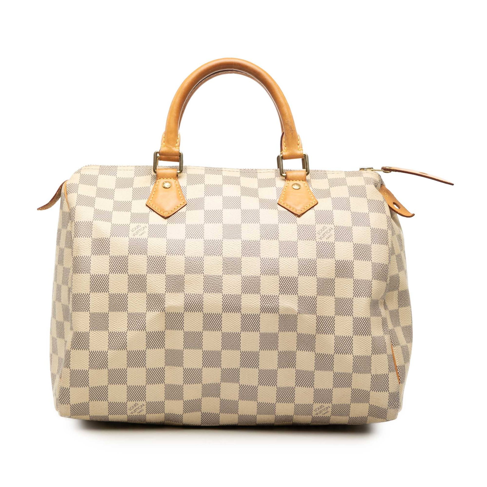 Louis Vuitton Speedy 30 Damier Azur Handbag: Louis Vuitton Speedy 30 Damier Azur Handbag Louis Vuitton Damier Azur Speedy 30 bag in white damier canvas with rolled vachetta leather handles, a top zip closure, and an interior pocket. Origin: Fran