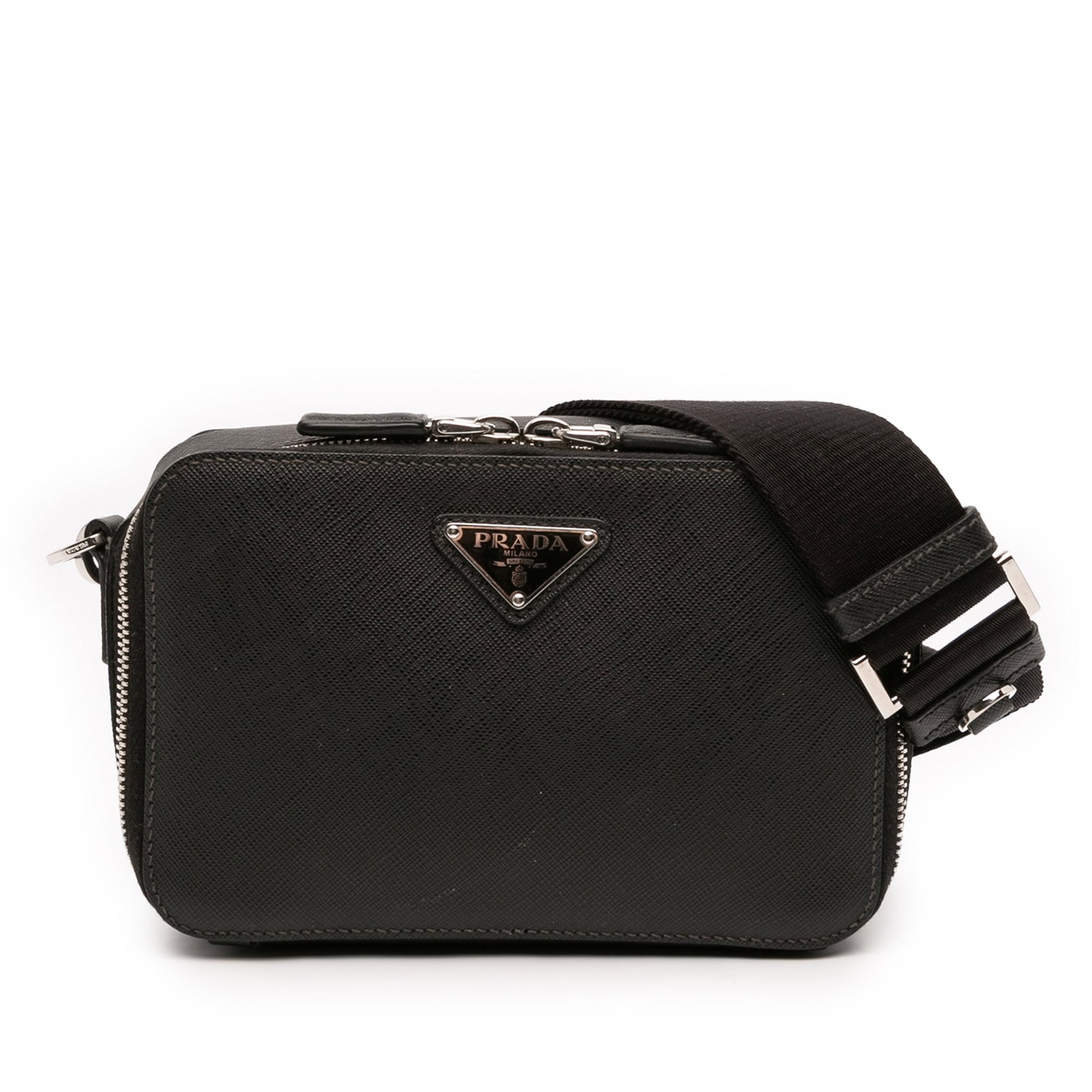 Prada Saffiano Brique Black Leather Crossbody Bag with Detachable Strap: Prada Saffiano Brique Black Leather Crossbody Bag with Detachable Strap This Prada Saffiano Brique Crossbody bag features a saffiano leather body in black, a detachable flat strap, and a top zip closu