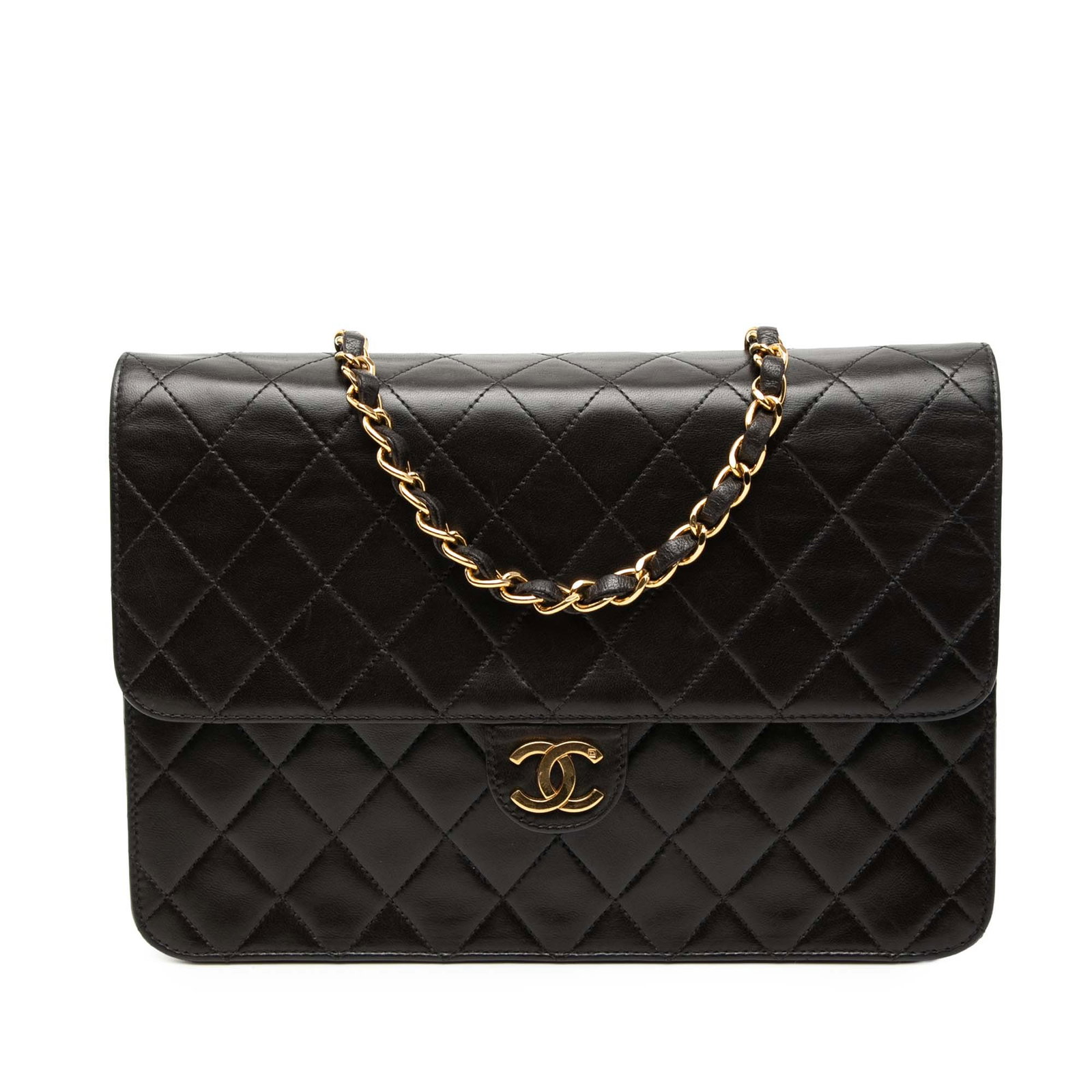 Chanel Black Lambskin Quilted Crossbody with CC Turn Lock Flap: Chanel Black Lambskin Quilted Crossbody with CC Turn Lock Flap This Chanel Medium CC Quilted Lambskin Single Flap crossbody bag features a quilted black lambskin leather body, a leather-woven chain st