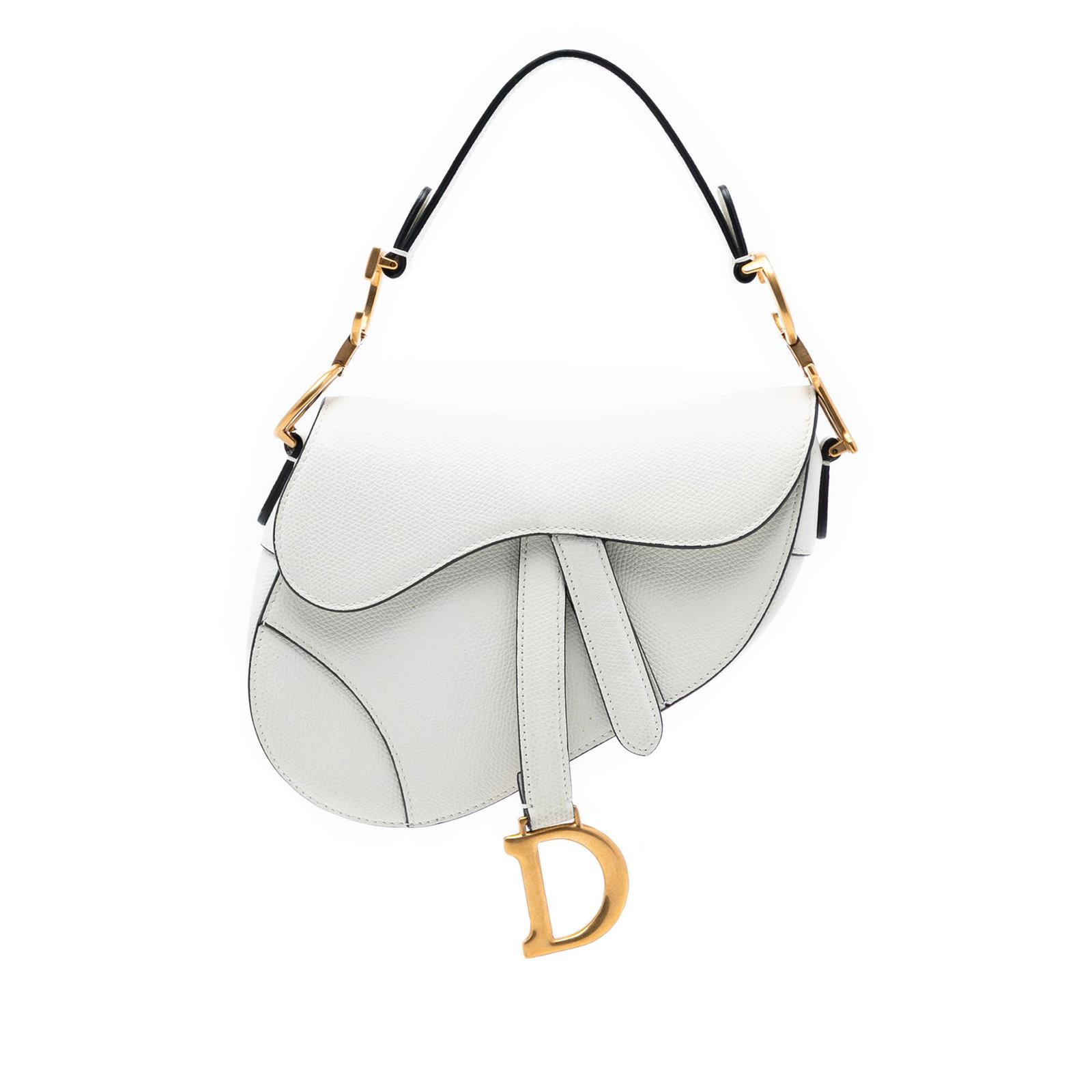 Mini Saddle Bag in Grained Calfskin Leather by Dior: Mini Saddle Bag in Grained Calfskin Leather by Dior This Dior Mini Grained Calfskin Saddle Bag showcases a white grained leather body, a flat leather handle, and a signature front flap with magnetic s